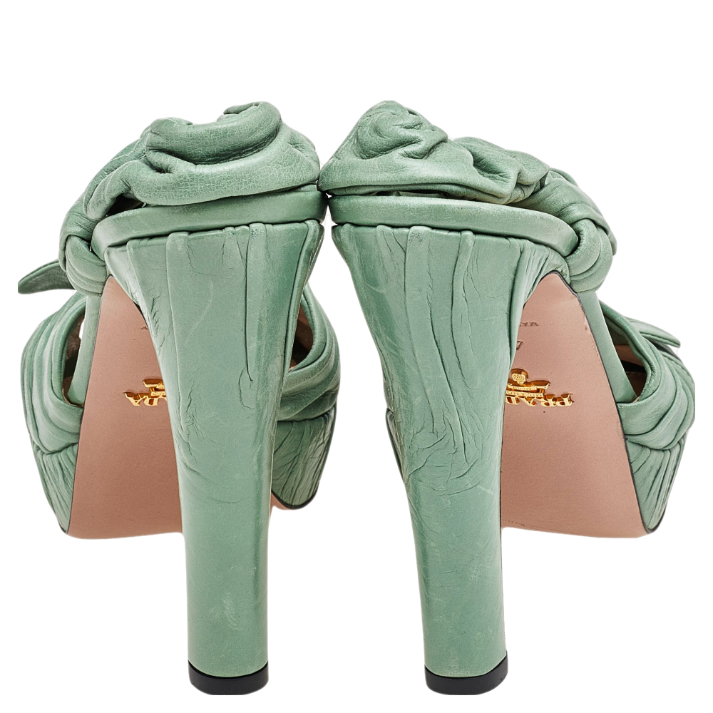 Prada Green Pleated Leather Bow Detail Slingback Platform Sandals Size 40