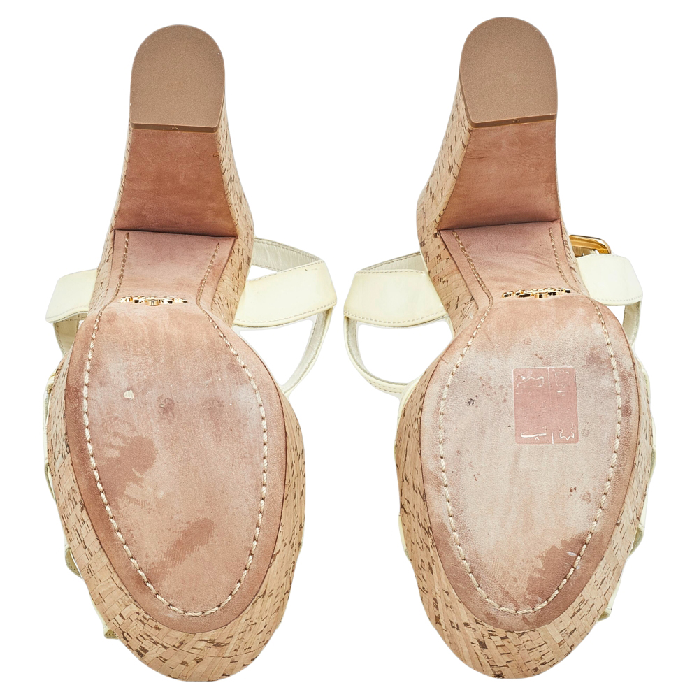 Prada Yellow Patent Leather Peep Toe Strappy Cork Platform Sandals Size 39