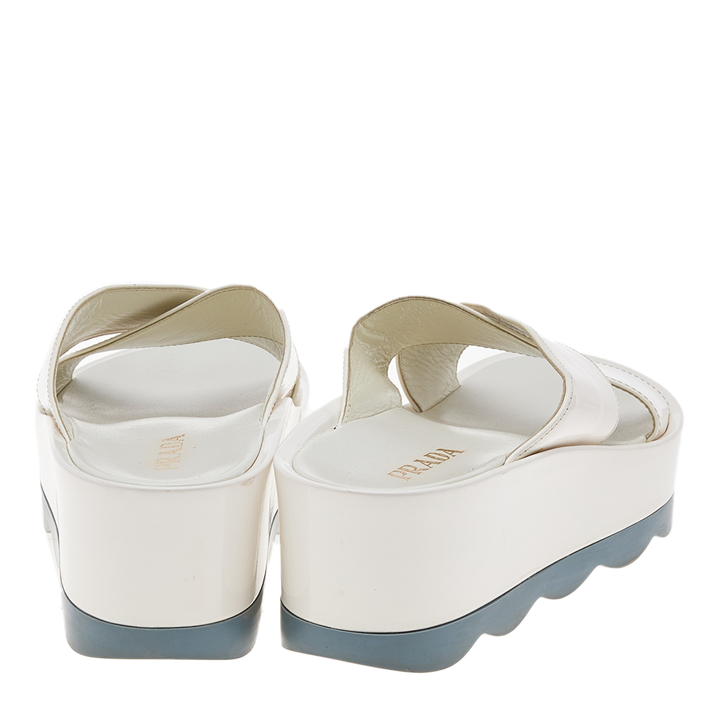 Prada White Patent Leather Crisscross Platform Slide Sandals Size 38