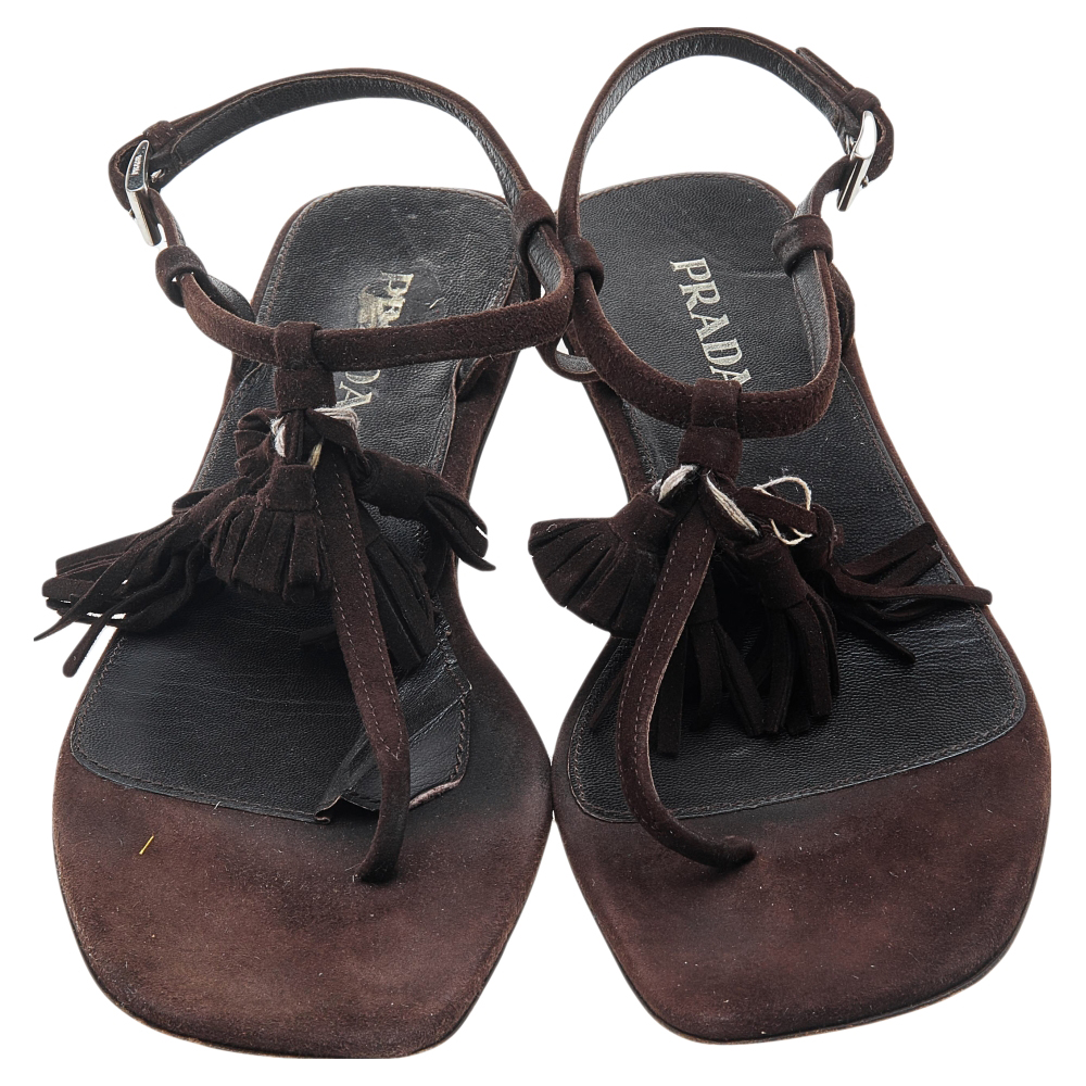 Prada Brown Suede Tassel Thong Sandals Size 37