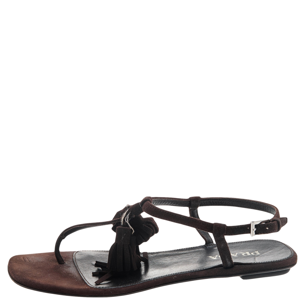 Prada Brown Suede Tassel Thong Sandals Size 37