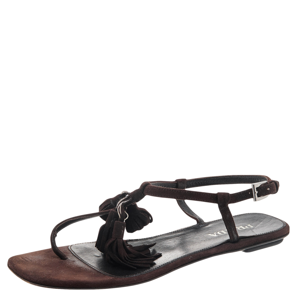 Prada Brown Suede Tassel Thong Sandals Size 37