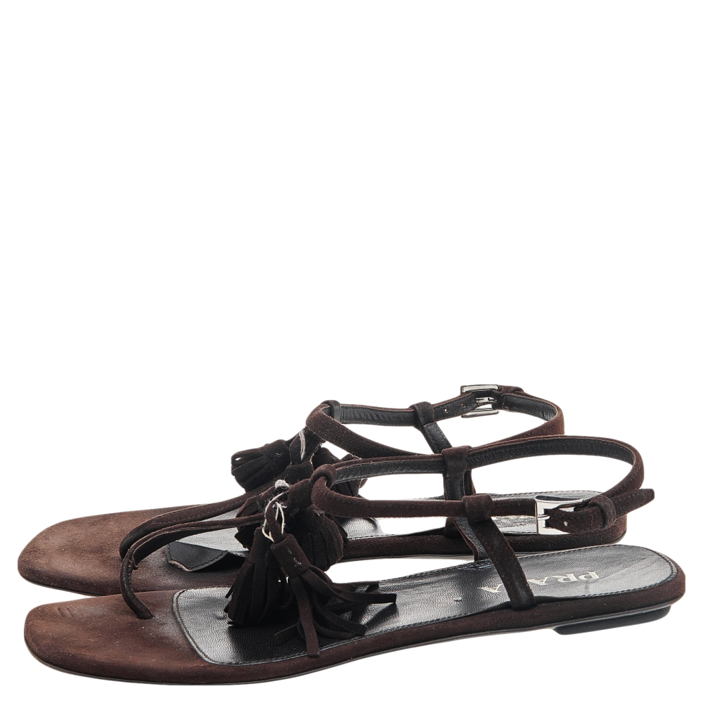 Prada Brown Suede Tassel Thong Sandals Size 37
