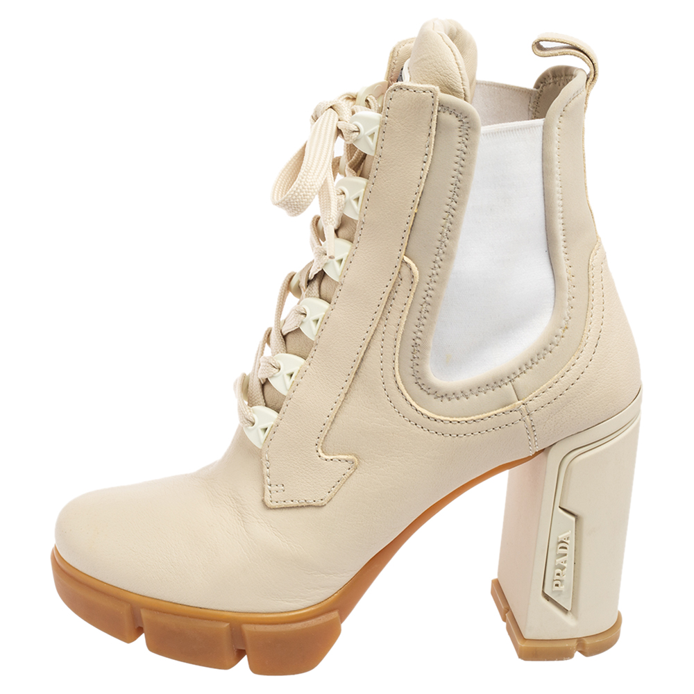 

Prada Vanilla Leather and Neoprene Lace Up Combat Platform Boots Size, Cream
