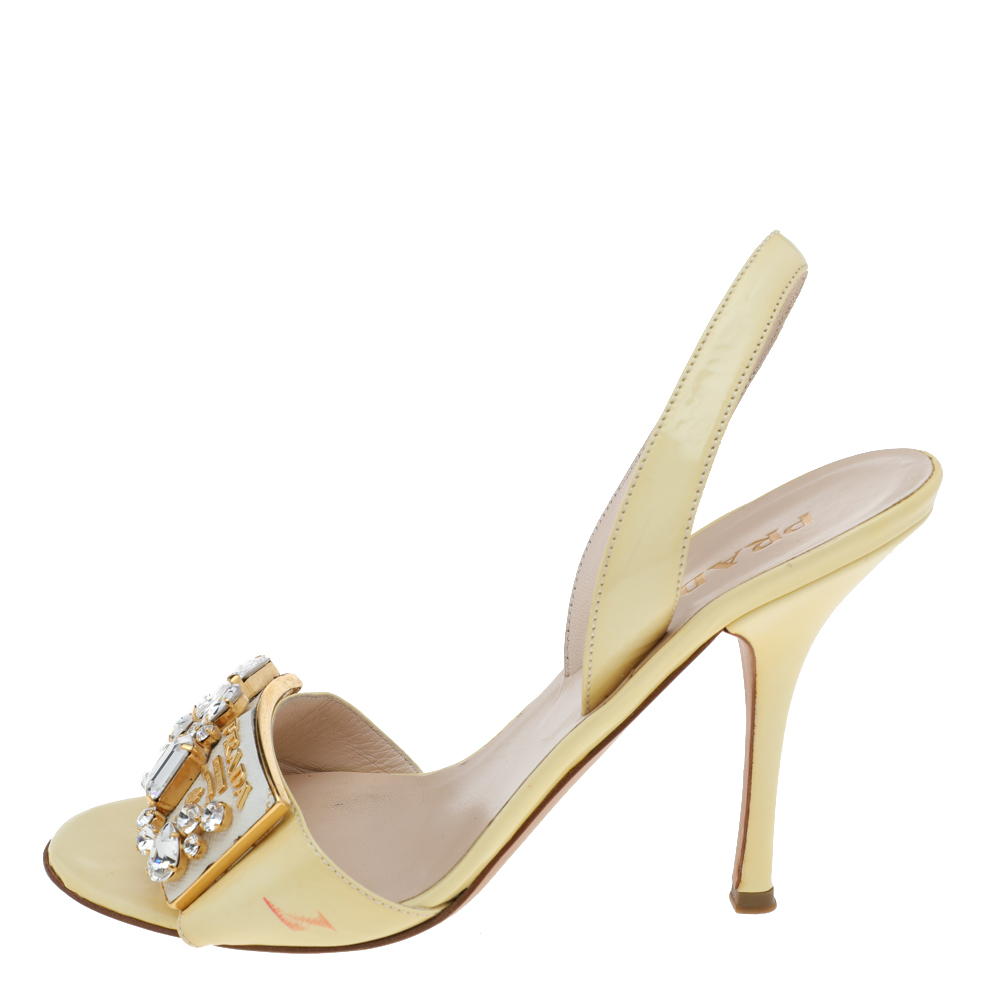 

Prada Light Yellow Patent Leather Crystal Studded Bow Slingback Sandals Size