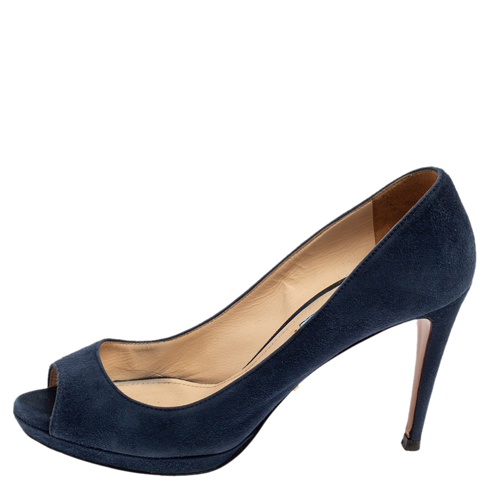 Prada Navy Blue Suede Peep-Toe Platform Pumps Size 38.5