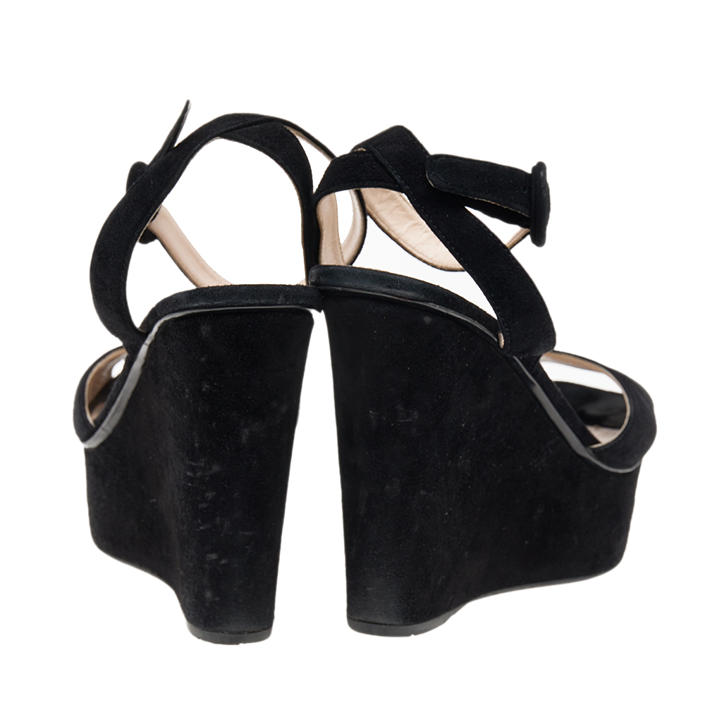 Prada Black Suede Wedge Platform Ankle Strap Sandals Size 37
