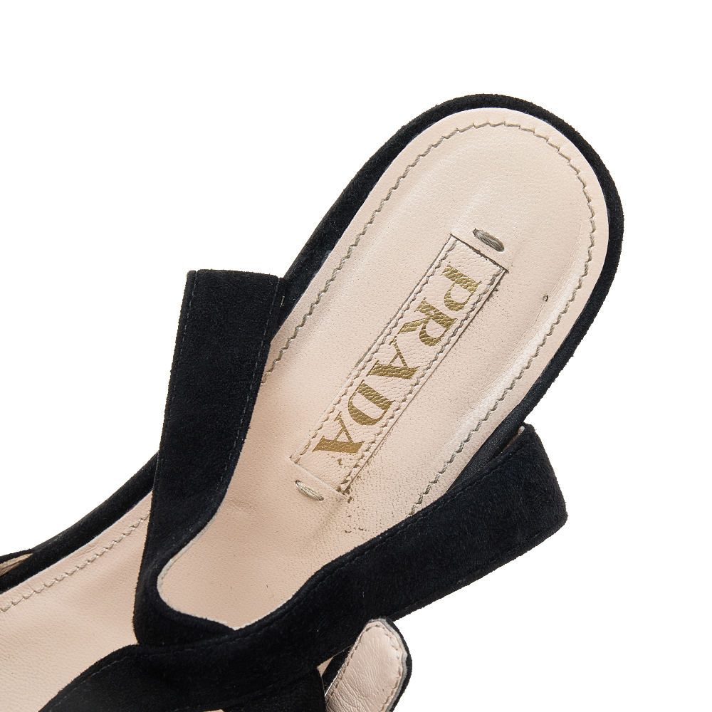 Prada Black Suede Wedge Platform Ankle Strap Sandals Size 37