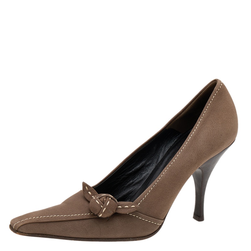 Prada khaki brown stitch leather knot pointed toe pumps size 37.5