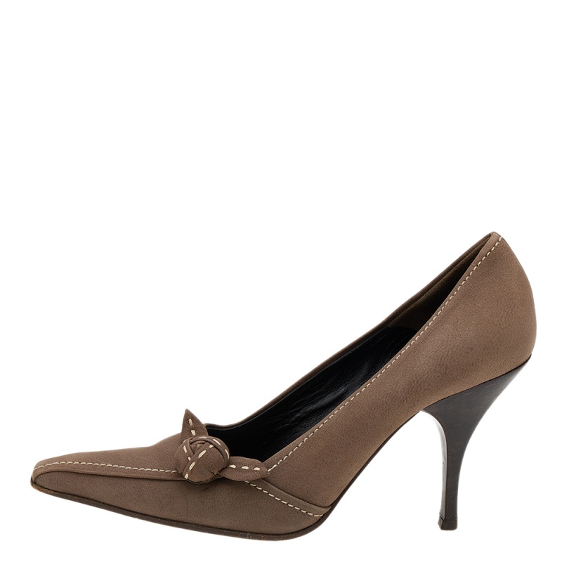 Prada Khaki Brown Stitch Leather Knot Pointed Toe Pumps Size 37.5