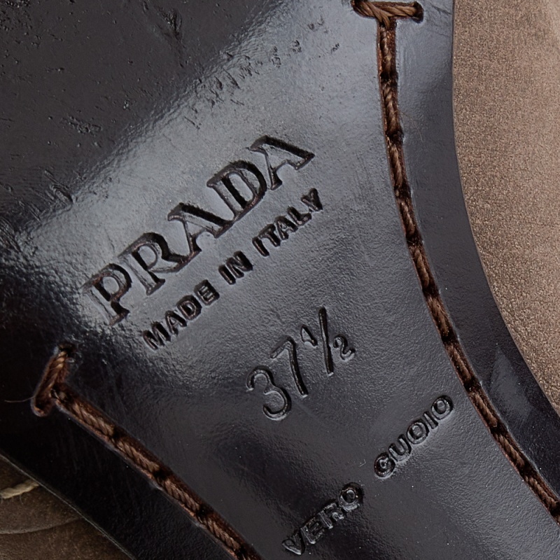 Prada Khaki Brown Stitch Leather Knot Pointed Toe Pumps Size 37.5