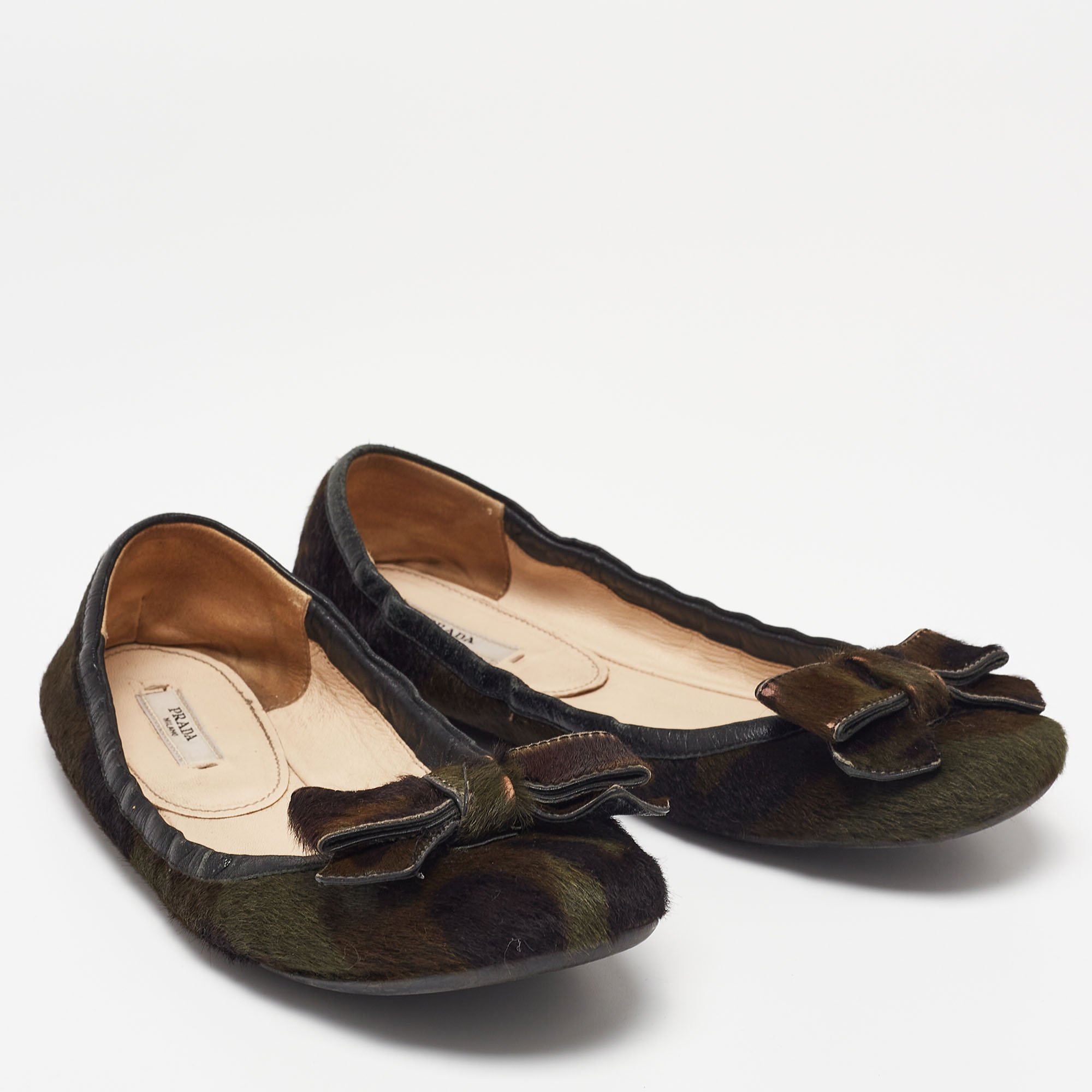 Prada Olive Green Calf Hair Scrunch Bow Ballet Flats Size 39