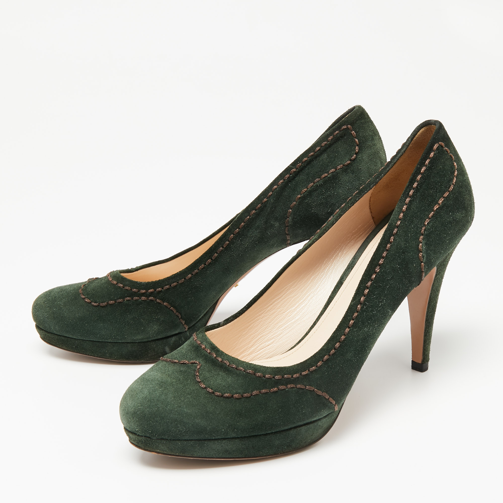 Prada Green Suede Stitch Detail Platform Pumps Size 39