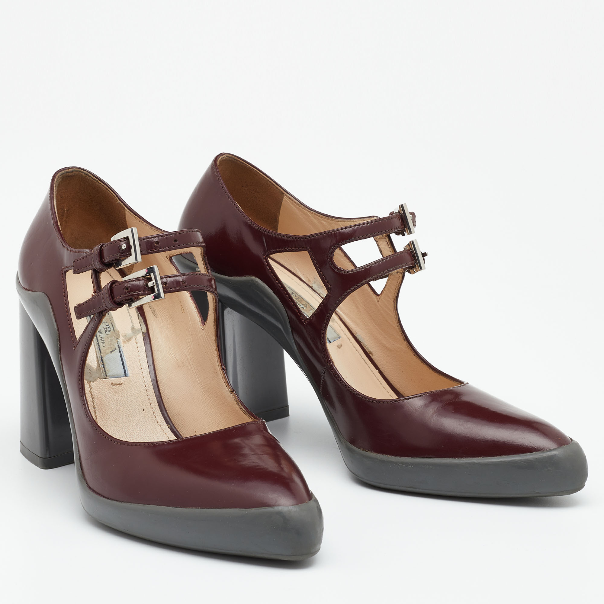 Prada Burgundy Leather Dual Strap Mary Jane Block Heel Pumps Size 37.5