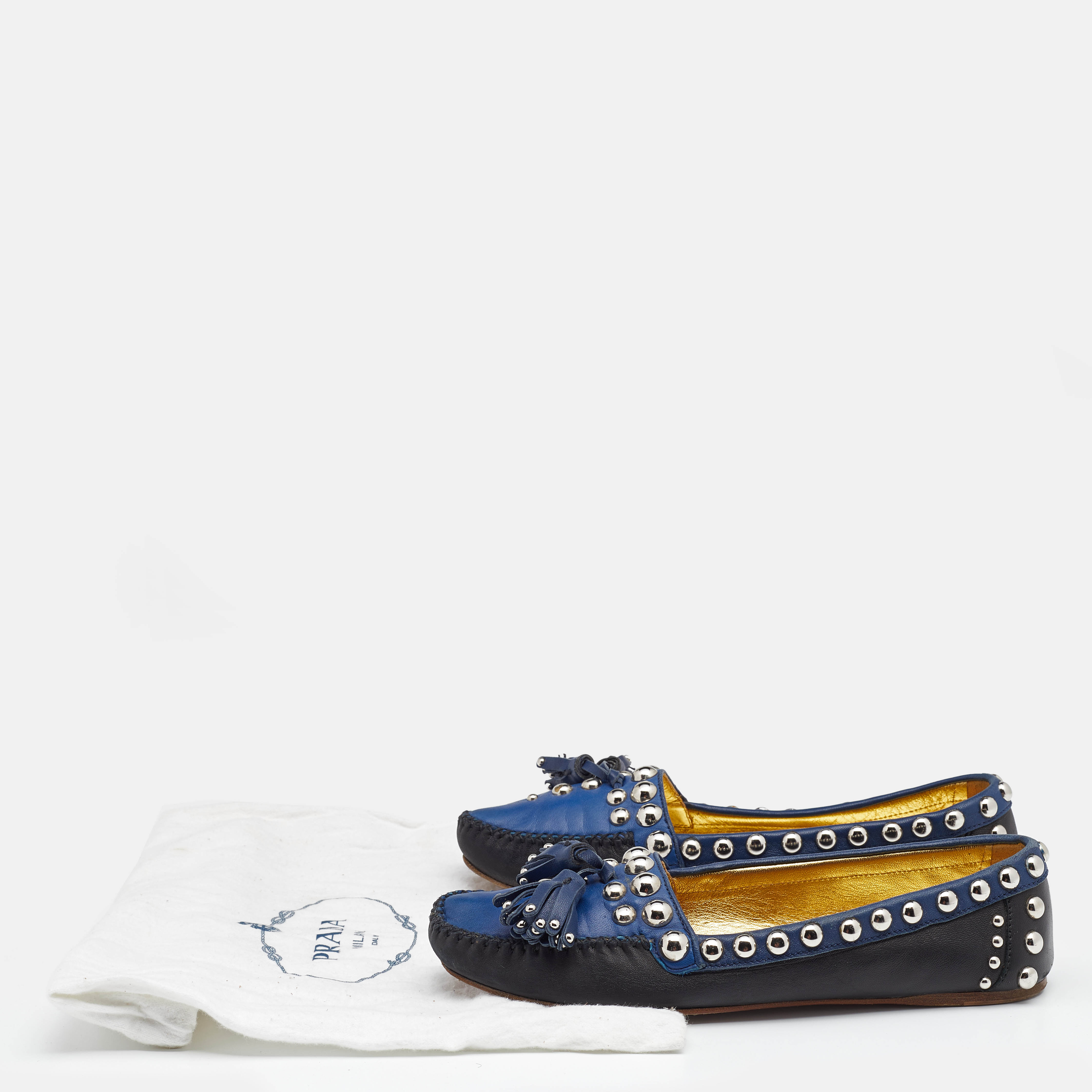 Prada Black/Blue Leather Studded Slip On Loafers Size 36