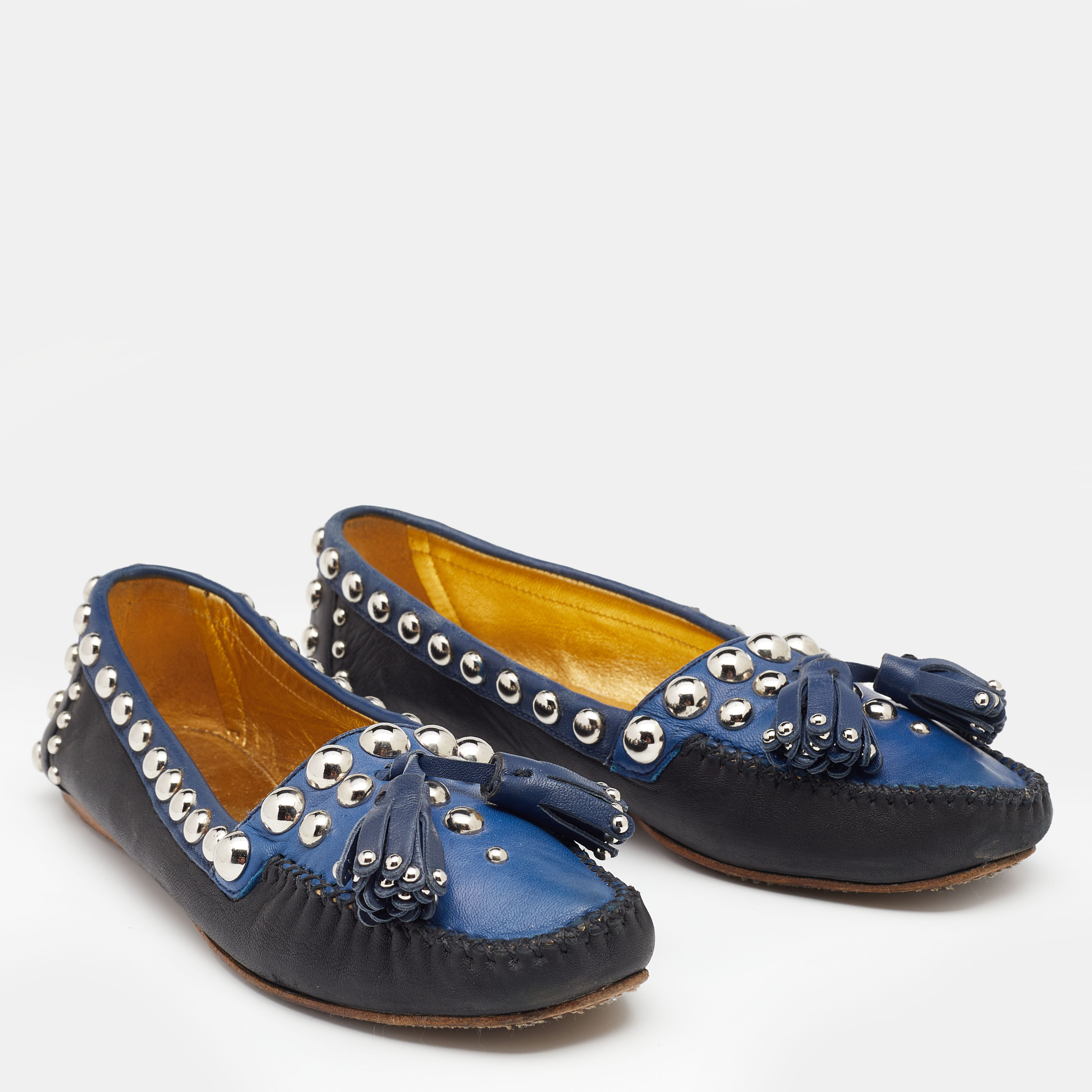 Prada Black/Blue Leather Studded Slip On Loafers Size 36
