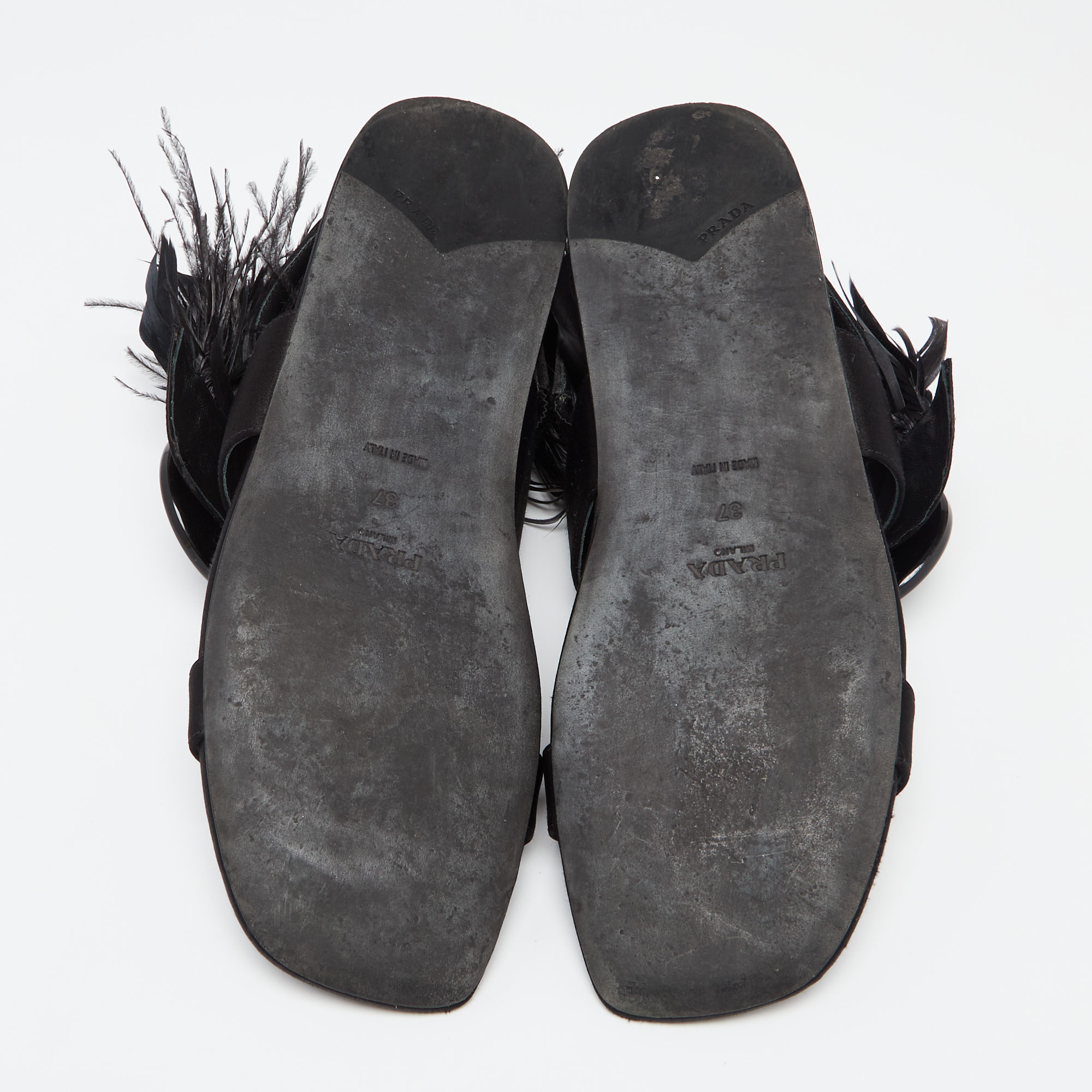 Prada Black Satin And Ostrich Feather Trim Slingback Flat Sandals Size 37