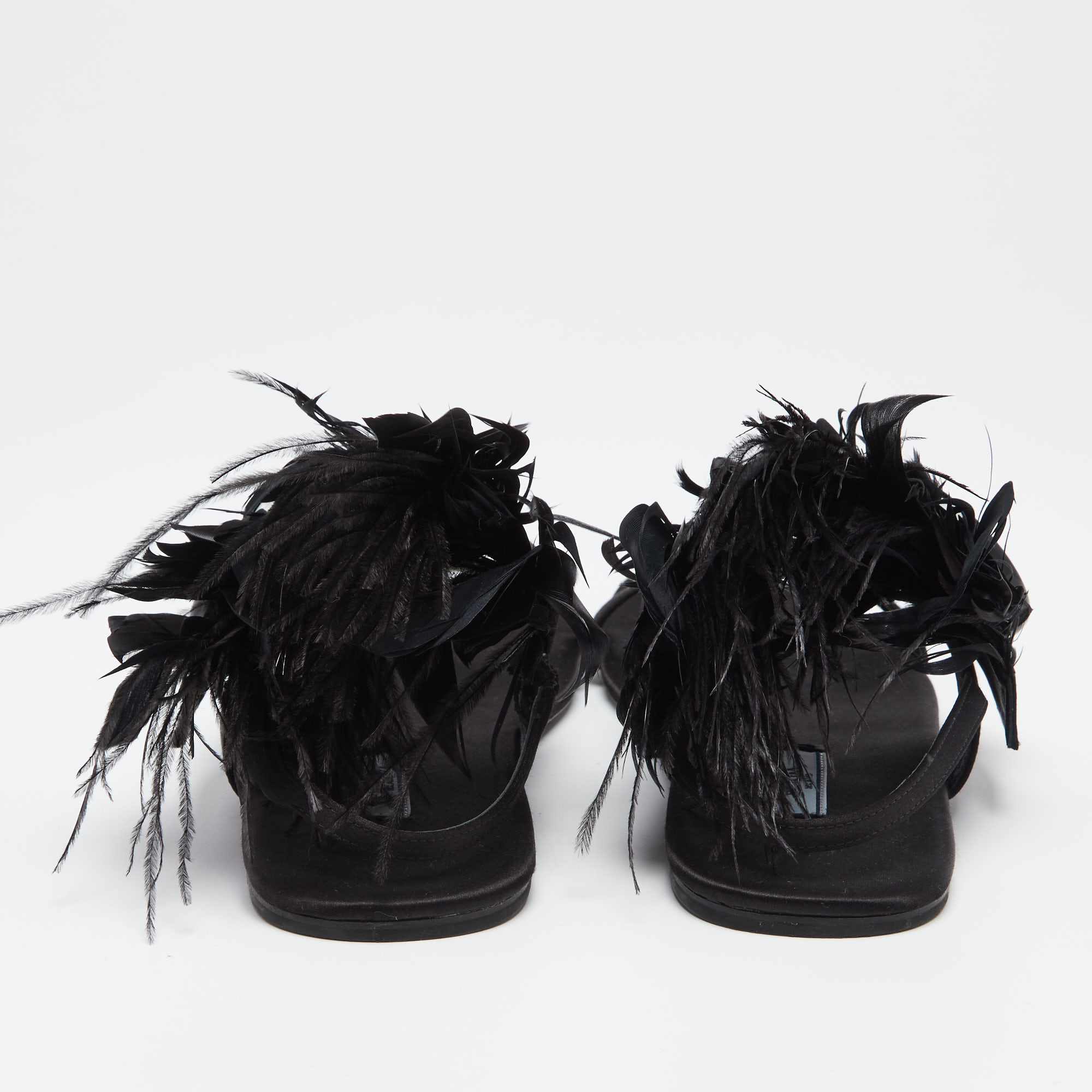 Prada Black Satin And Ostrich Feather Trim Slingback Flat Sandals Size 37