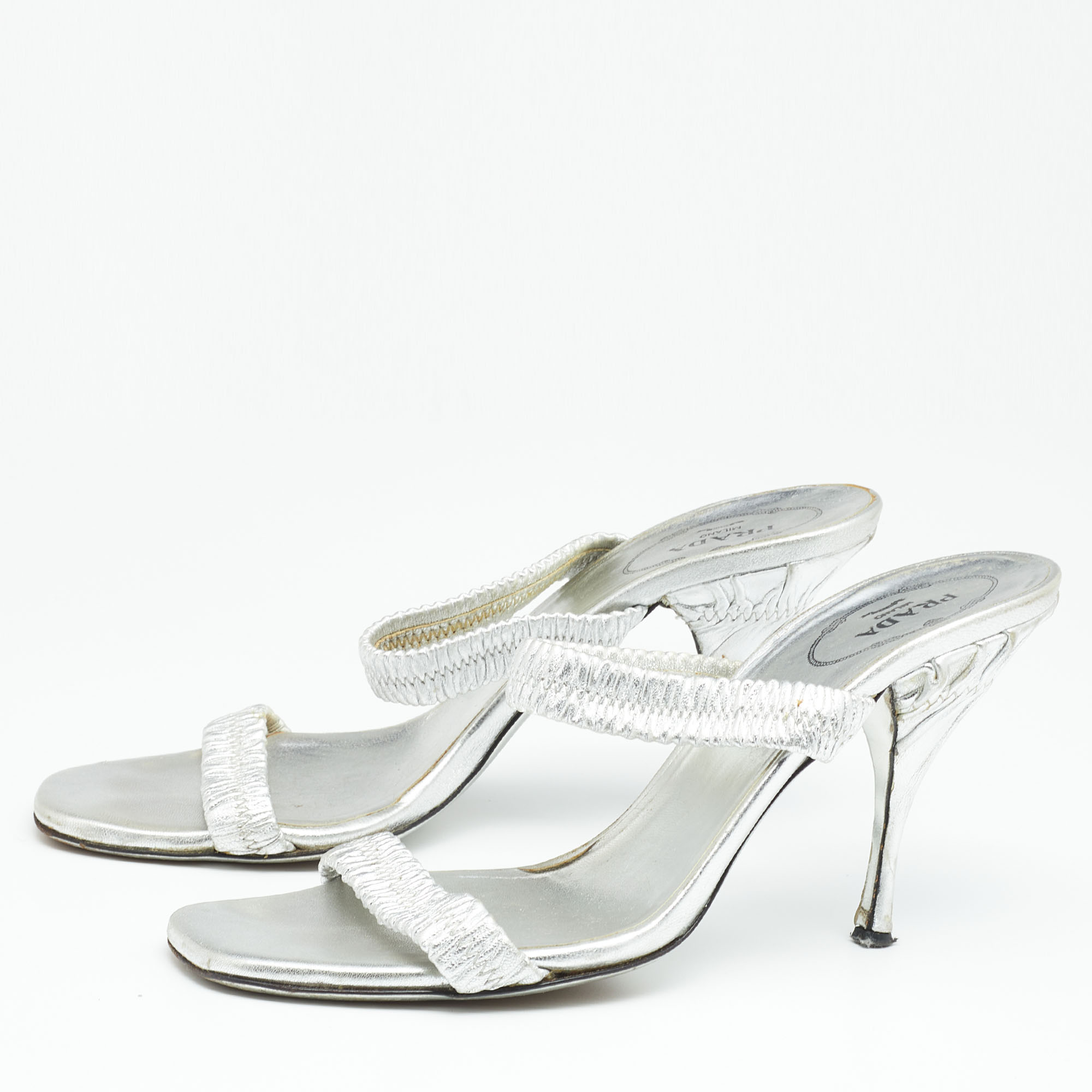 Prada Silver Leather Slide Sandals Size 37.5