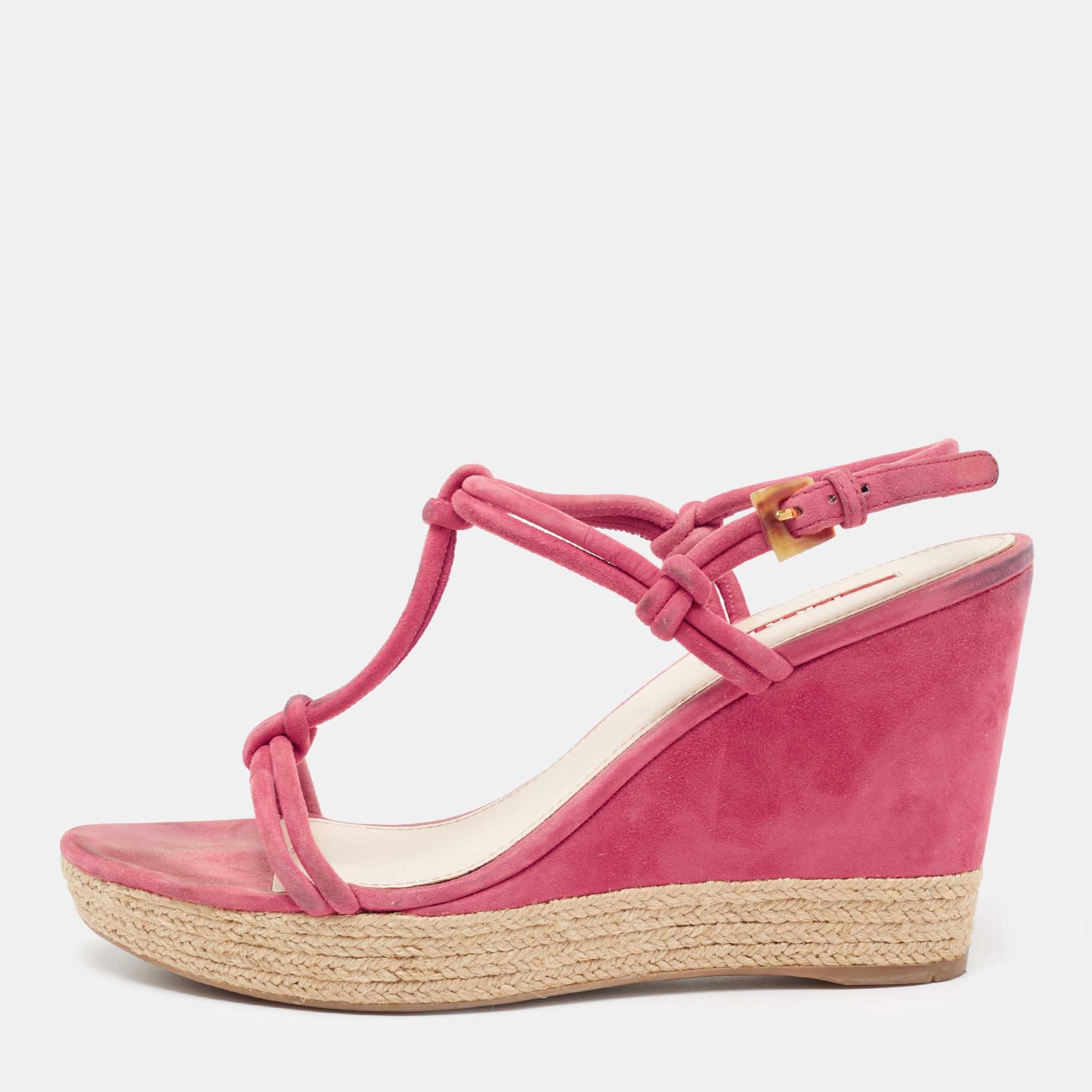 Prada fuschia pink suede espadrille wedge sandals size 40