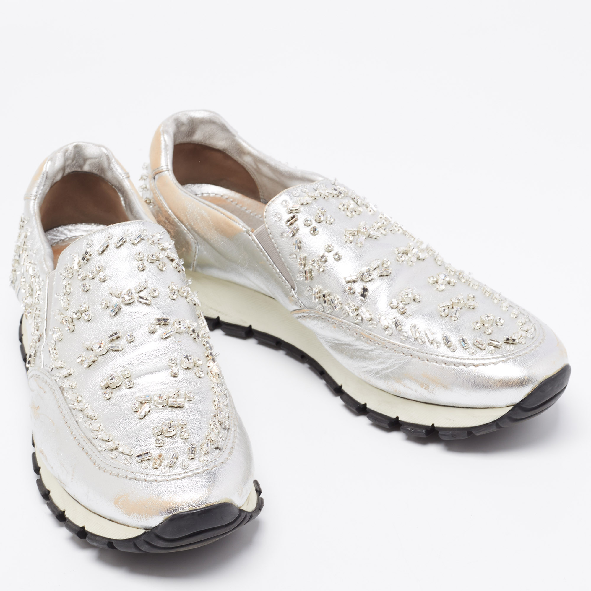 Prada Silver Leather Embellished Slip On Sneakers Size 41
