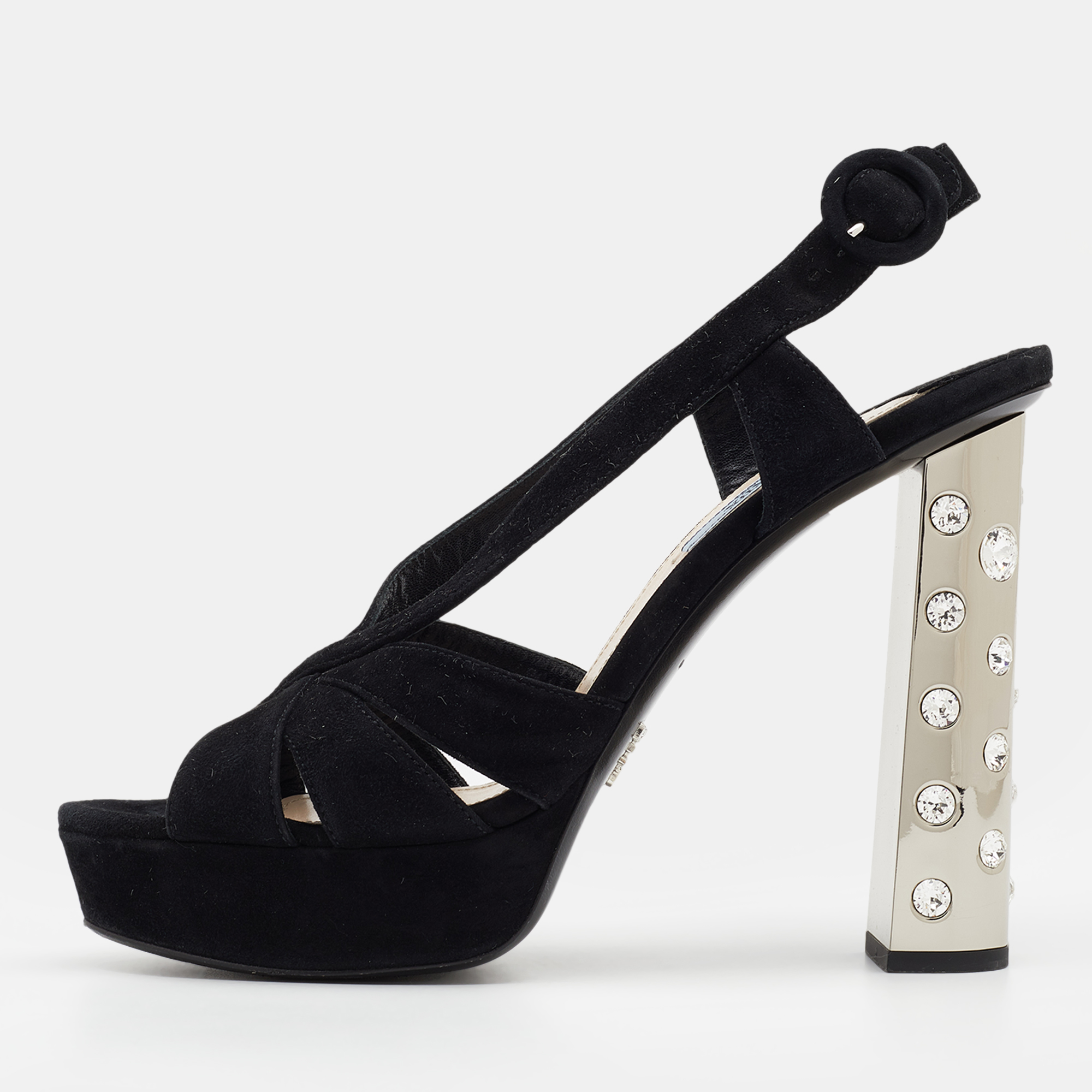 Prada Black Suede Crystal Embellished Heel Platform Slingback Sandals Size 40