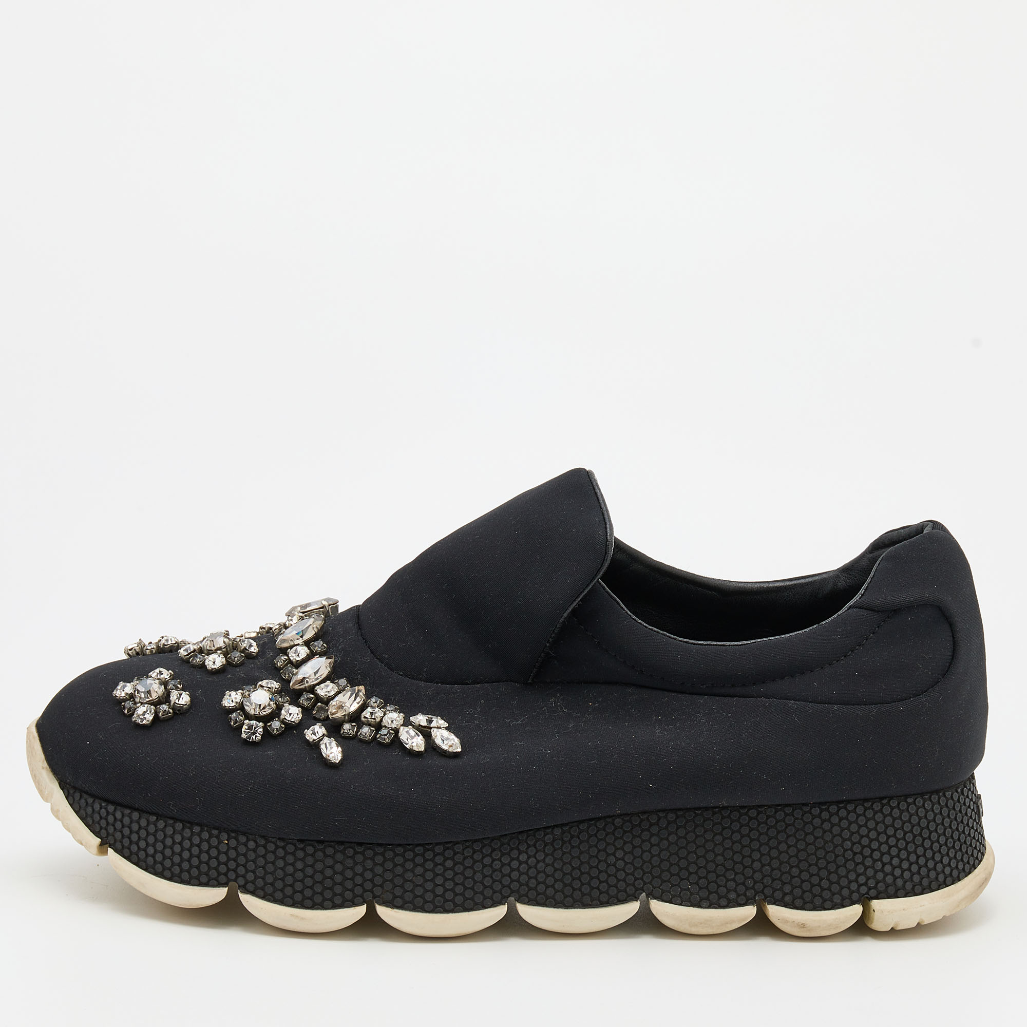 Prada Black Neoprene Embellished Slip On Sneakers Size 36