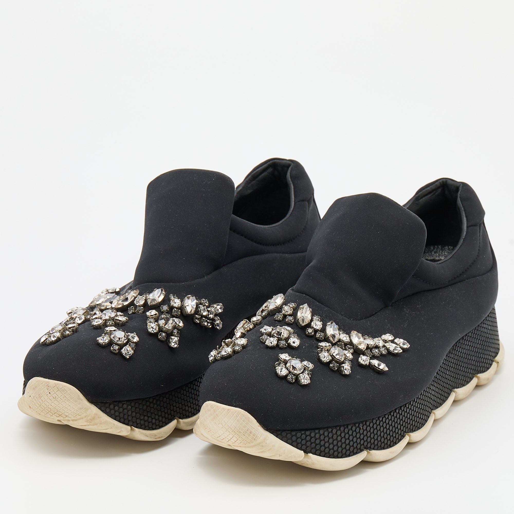 

Prada Black Neoprene Embellished Slip On Sneakers Size