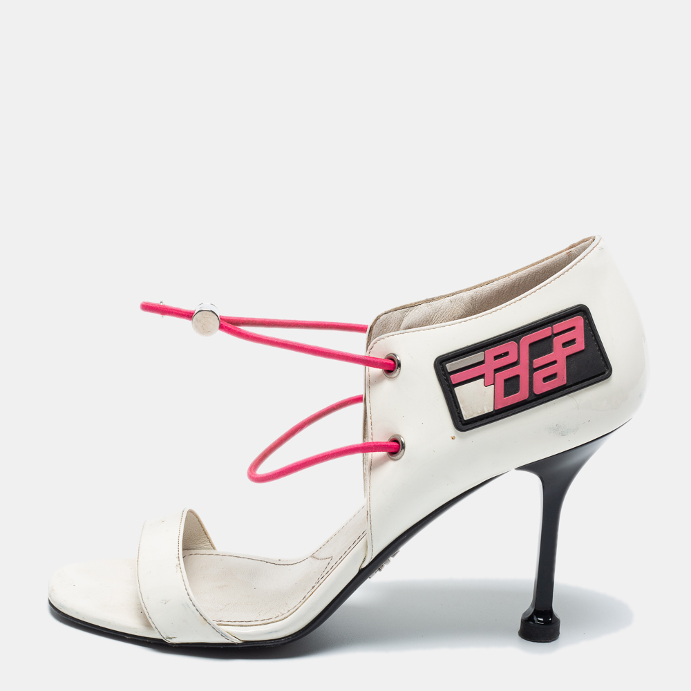 Prada white patent leather elasticized cord open toe sporty sandals size 36.5