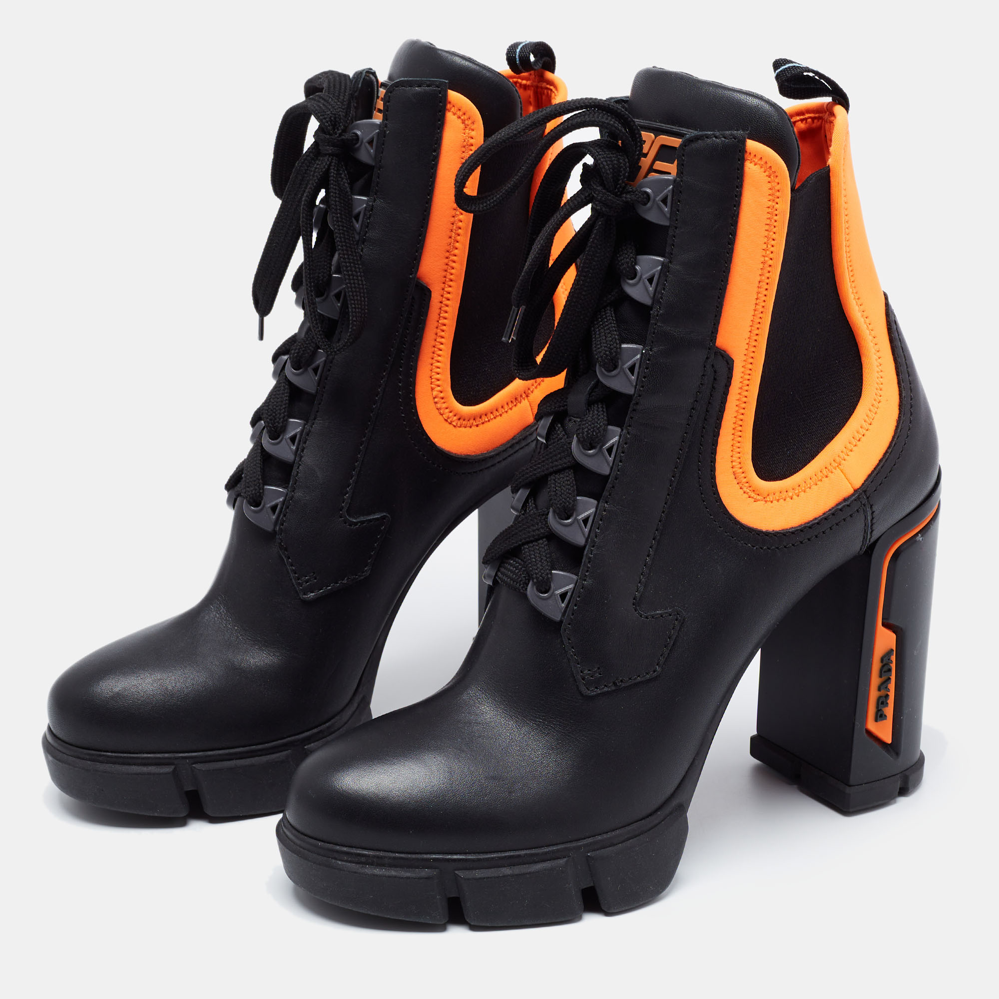 

Prada Black/Orange Leather and Neoprene Neon Detail Lace up Ankle Boots Size