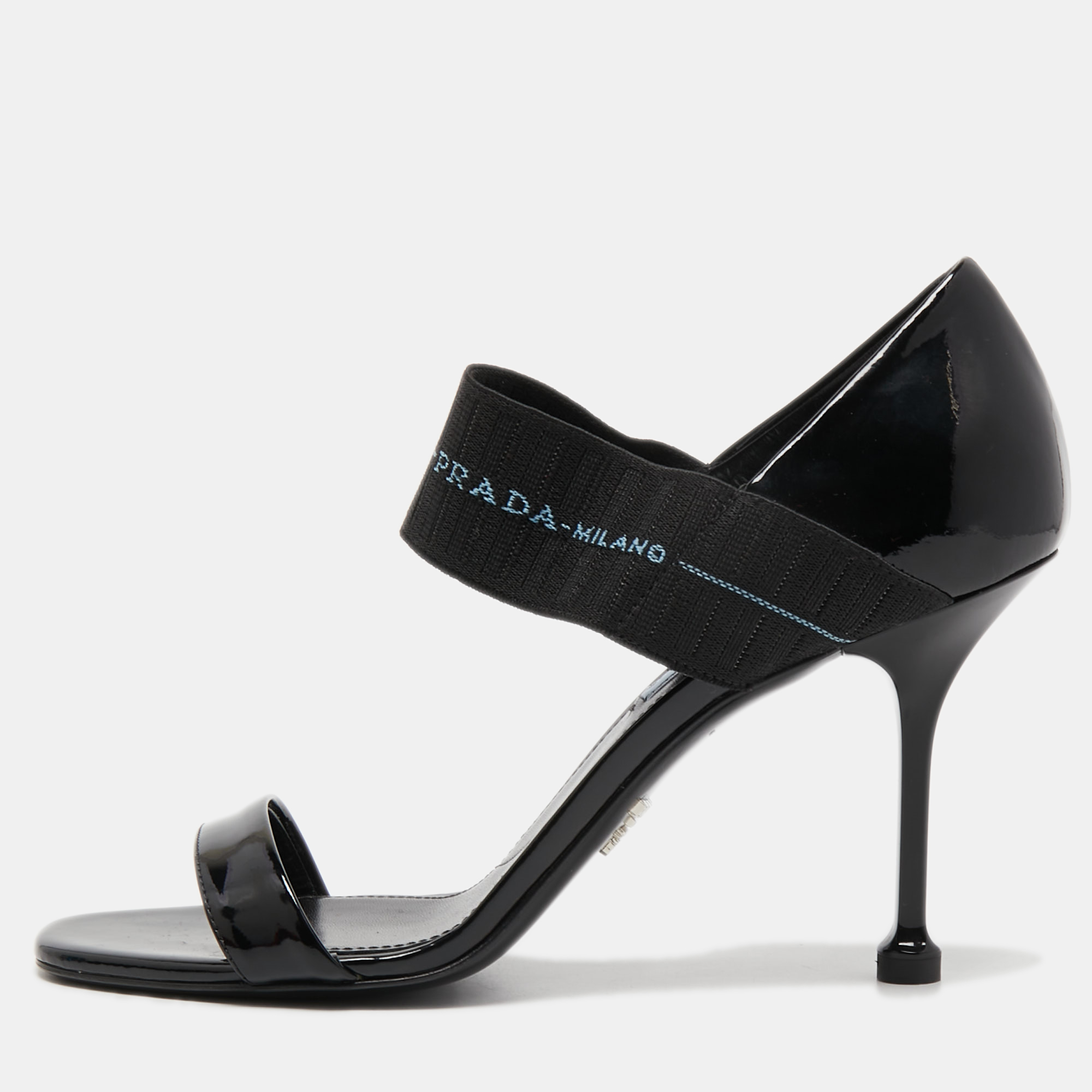 Prada black patent leather and logo elastic ankle strap sandals size 39