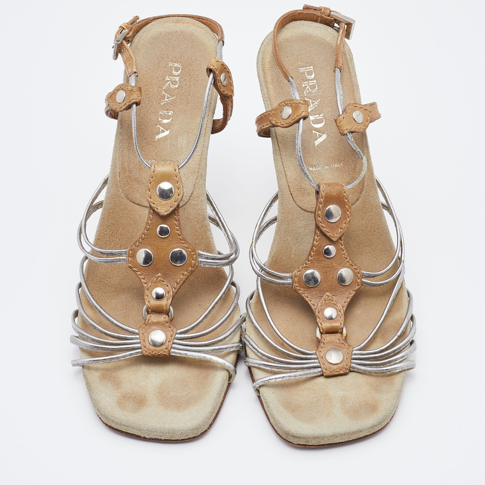 Prada Silver/Brown Leather Strappy Sandals Size 36.5