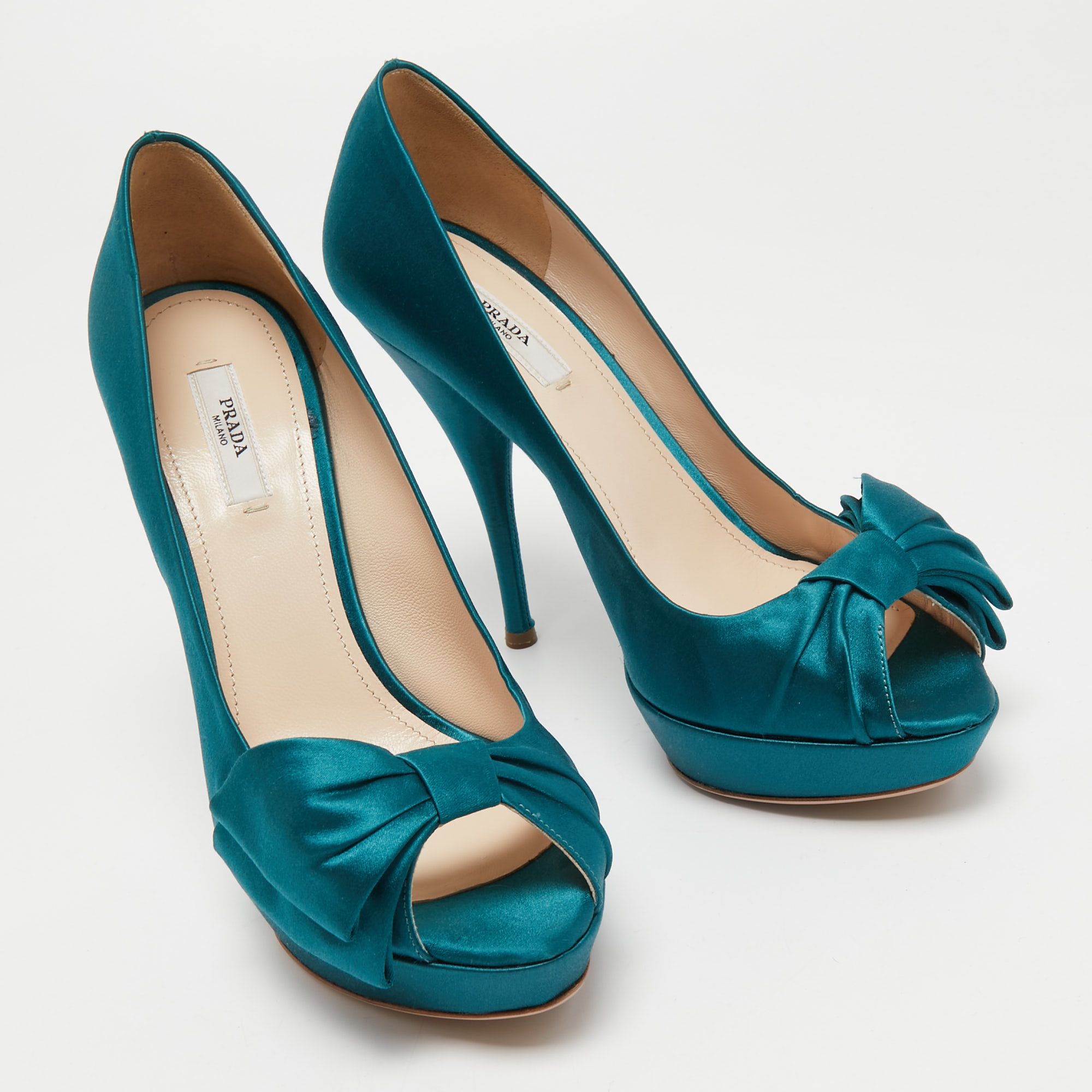 Prada Turquoise Blue Satin Bow Detail Peep Toe Platform Pumps Size 39.5