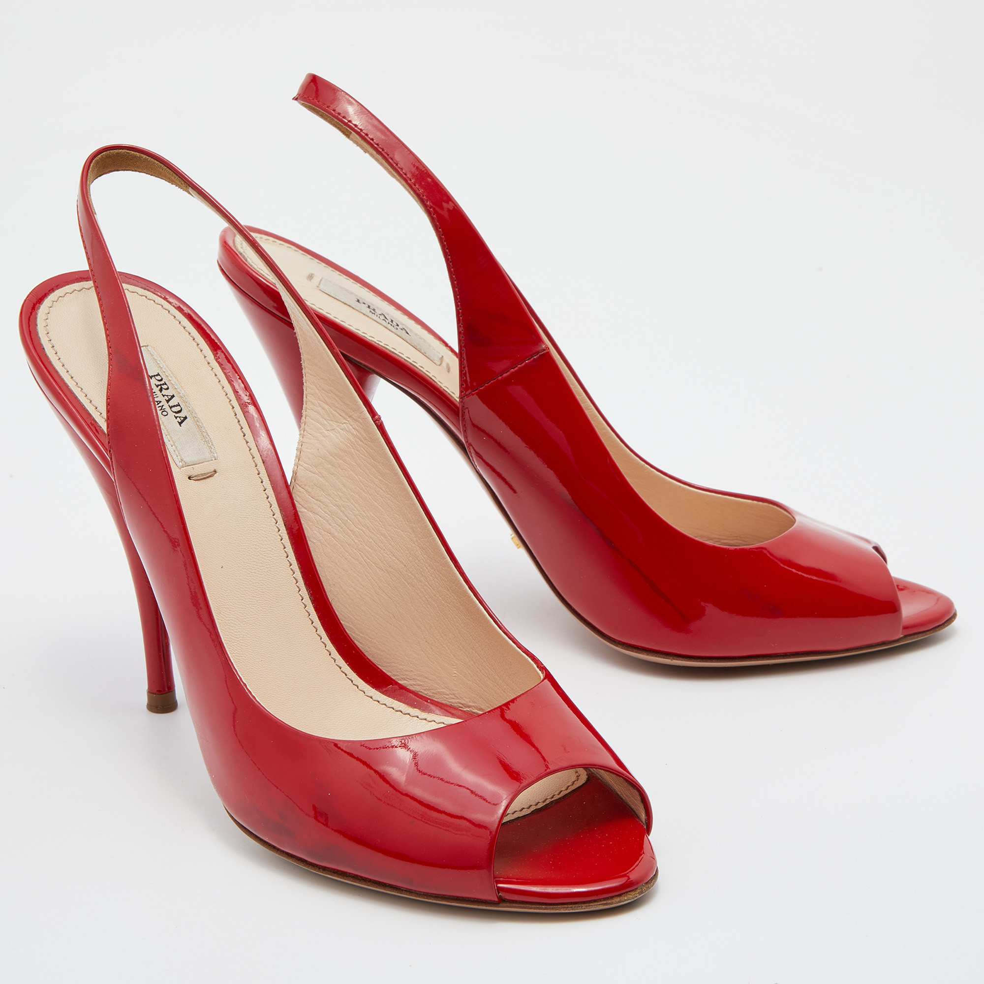 Prada Red Patent Leather Open Toe Slingback Pumps Size 40