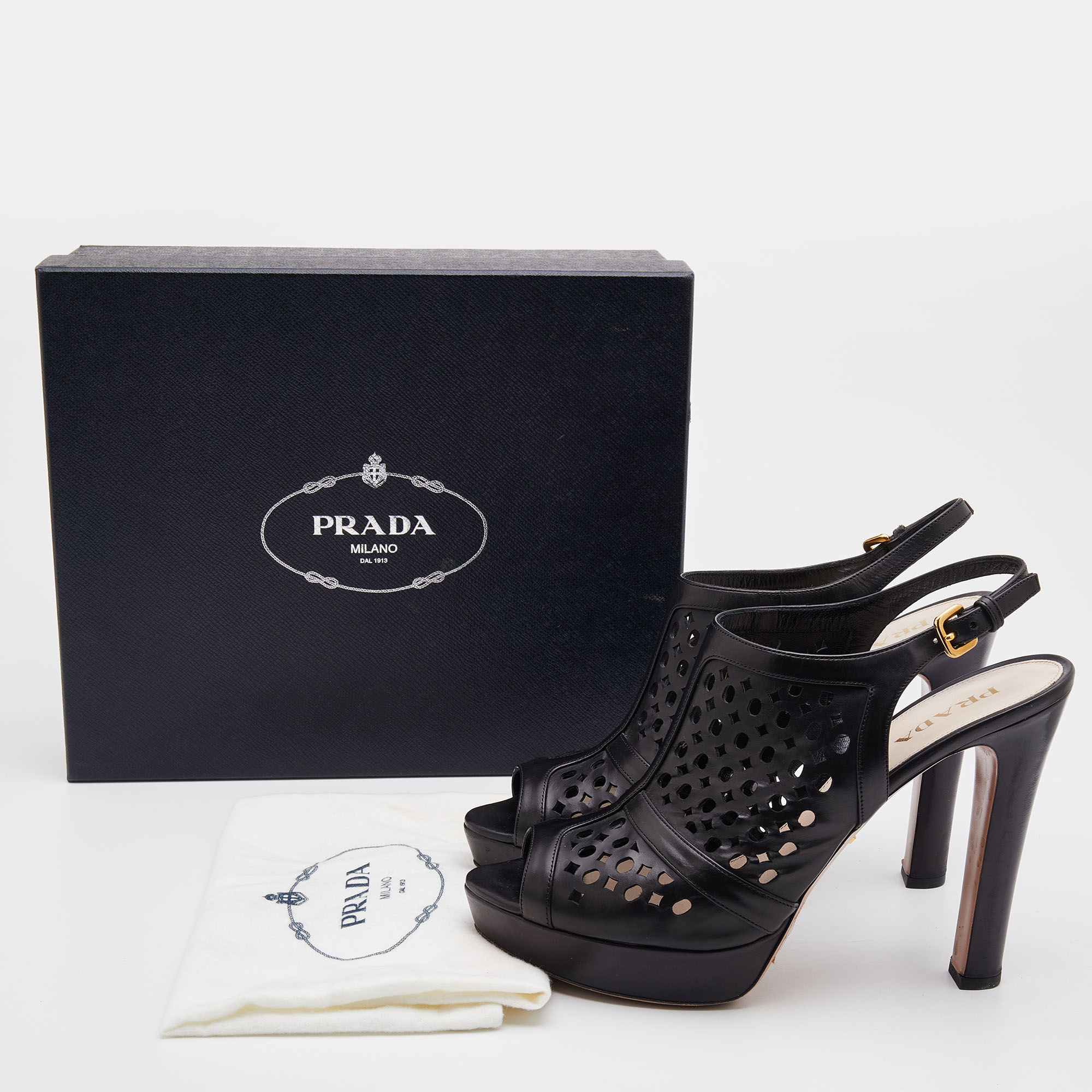 Prada Black Leather Laser Cut Slingback Platform Sandals Size 41