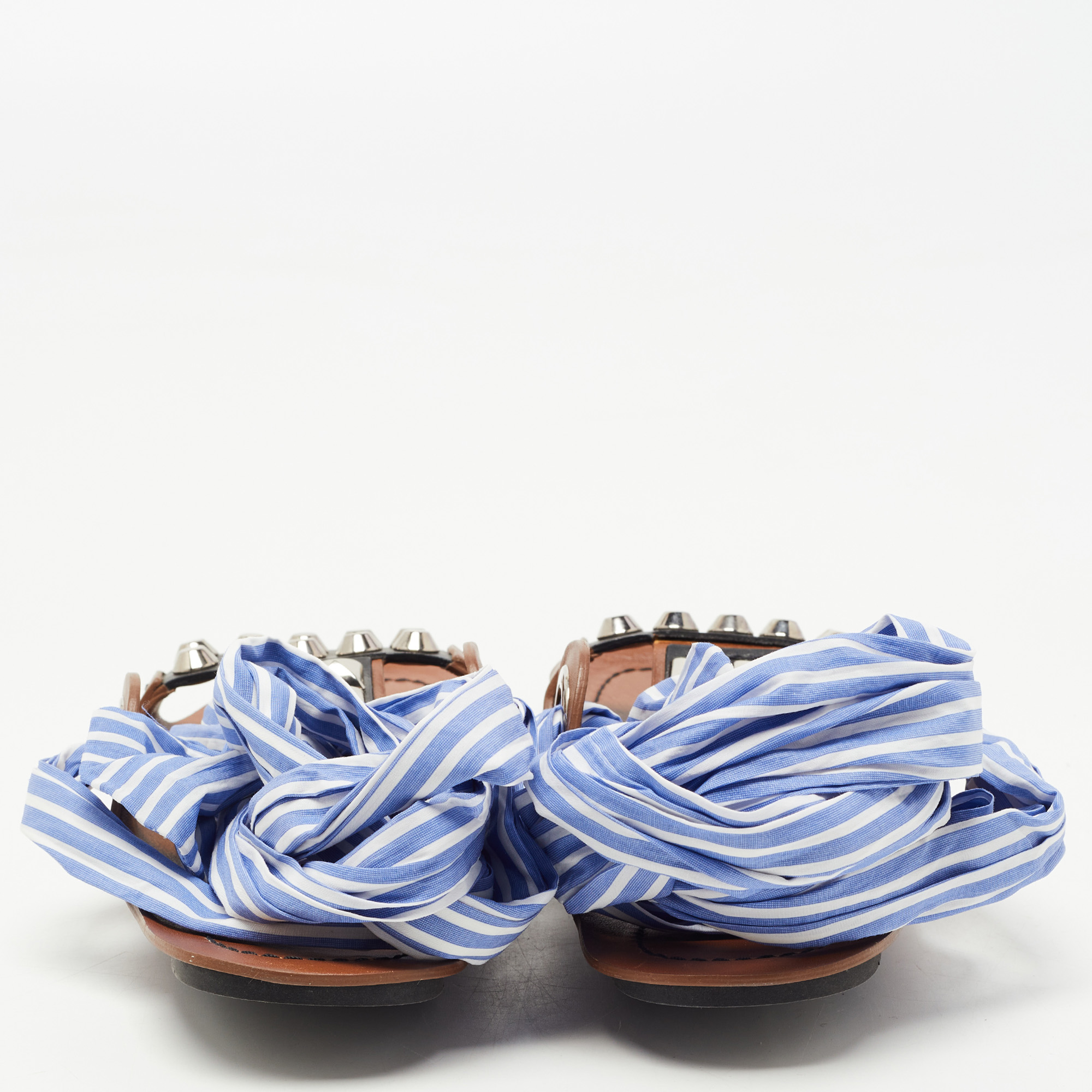 Prada Brown/Blue Leather Studded Ribbon Flat Sandals Size 36