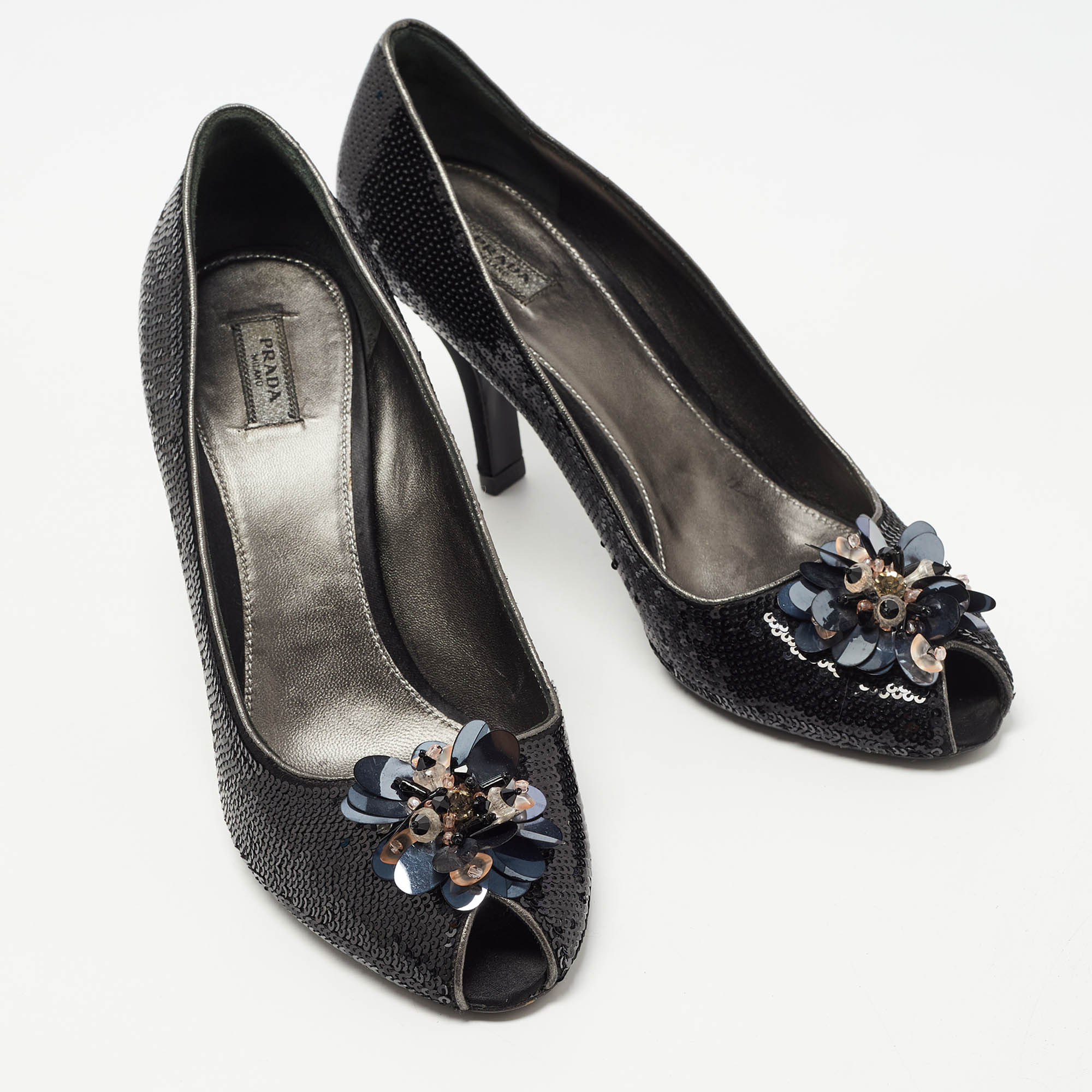 Prada Black Leather And Sequin Flower Embellished Peep Toe Pumps Size 40
