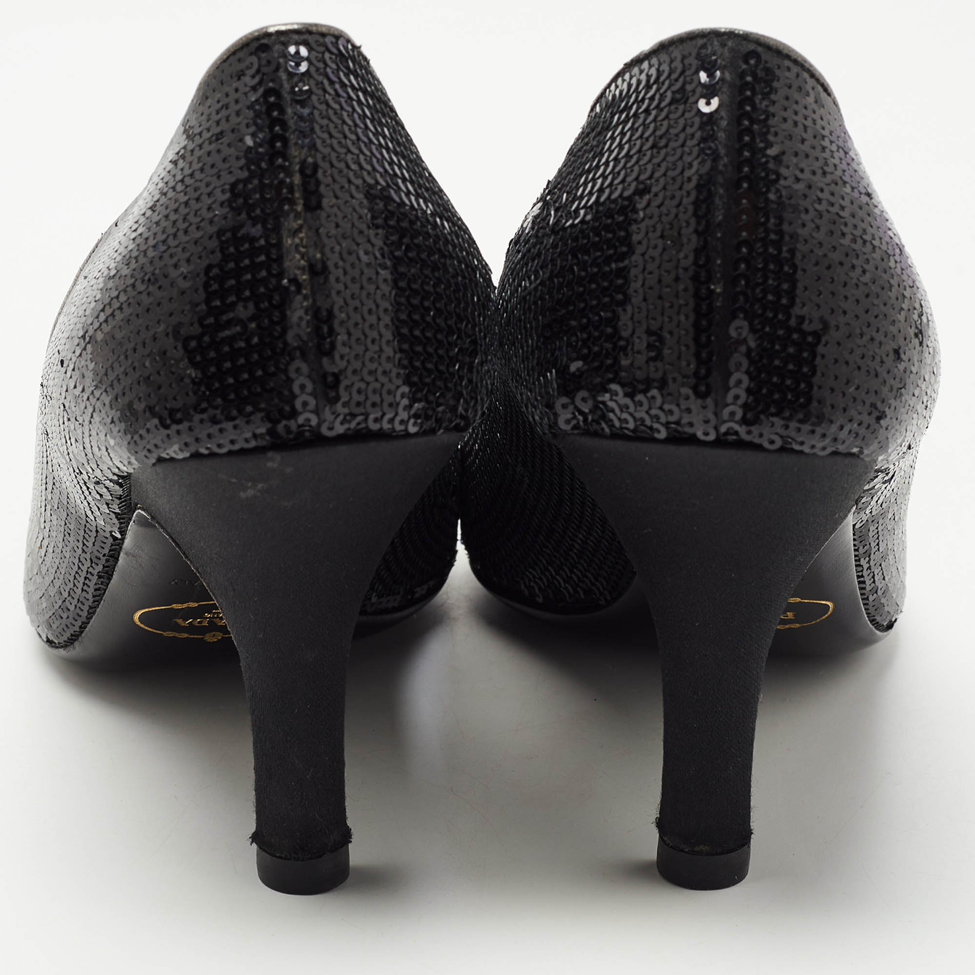 Prada Black Leather And Sequin Flower Embellished Peep Toe Pumps Size 40