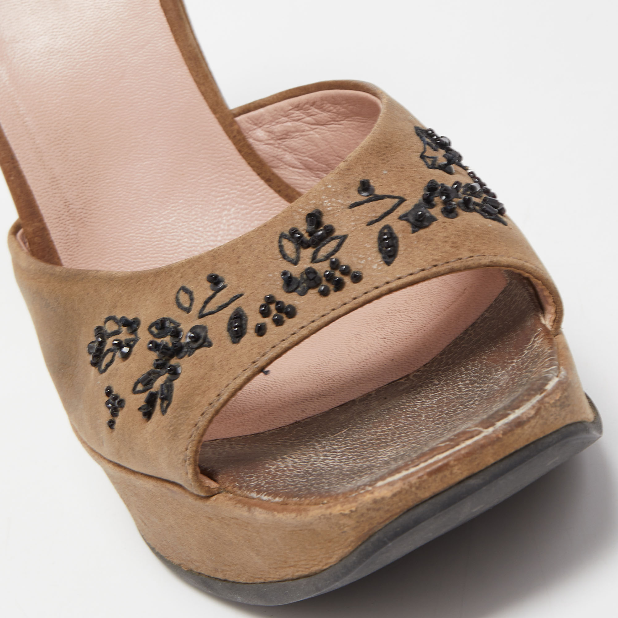Prada Brown Nubuck Leather Embellished Wedge Ankle Strap Sandals Size 37.5