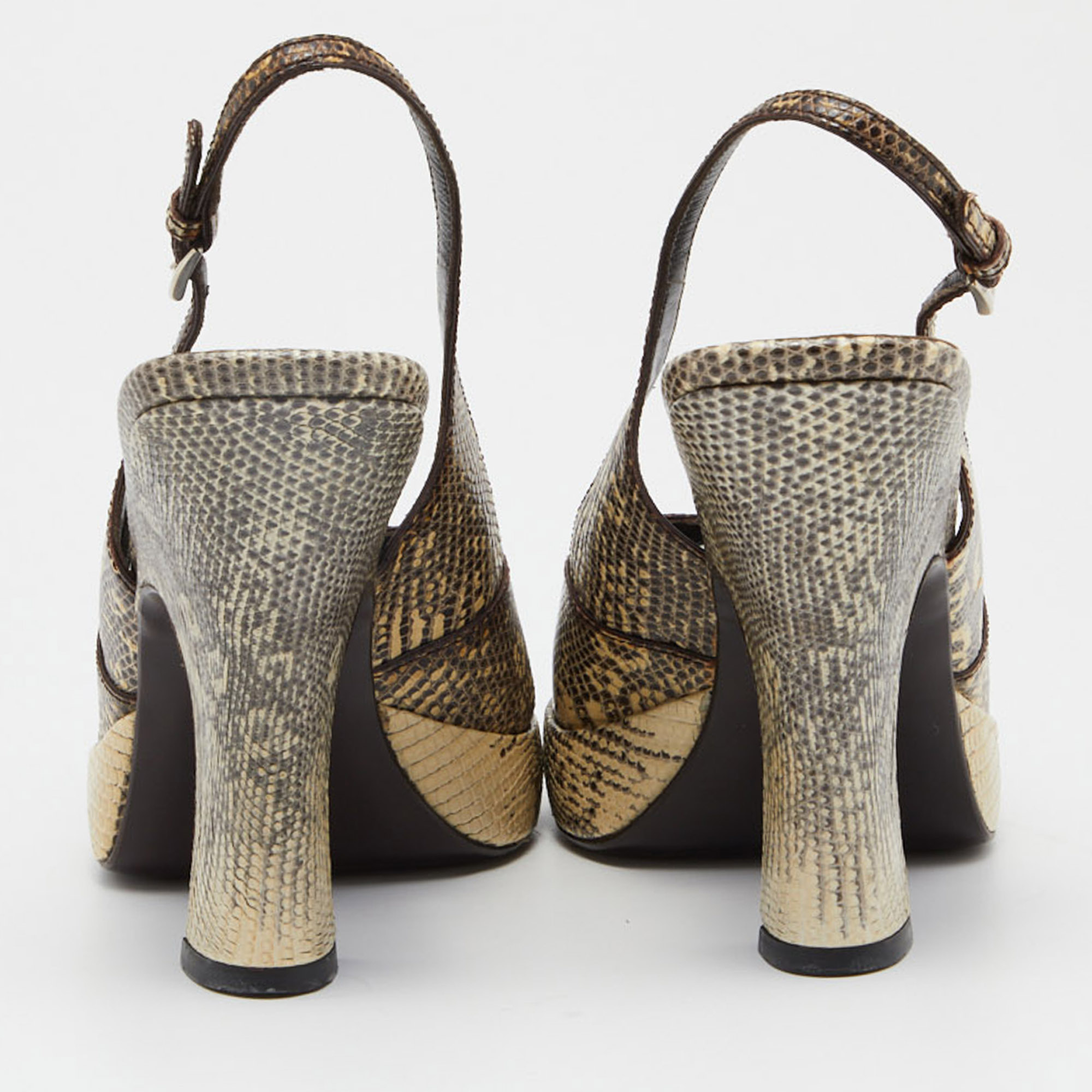 Prada Beige/Black Lizard Ankle Strap Peep Toe Sandals Size 40