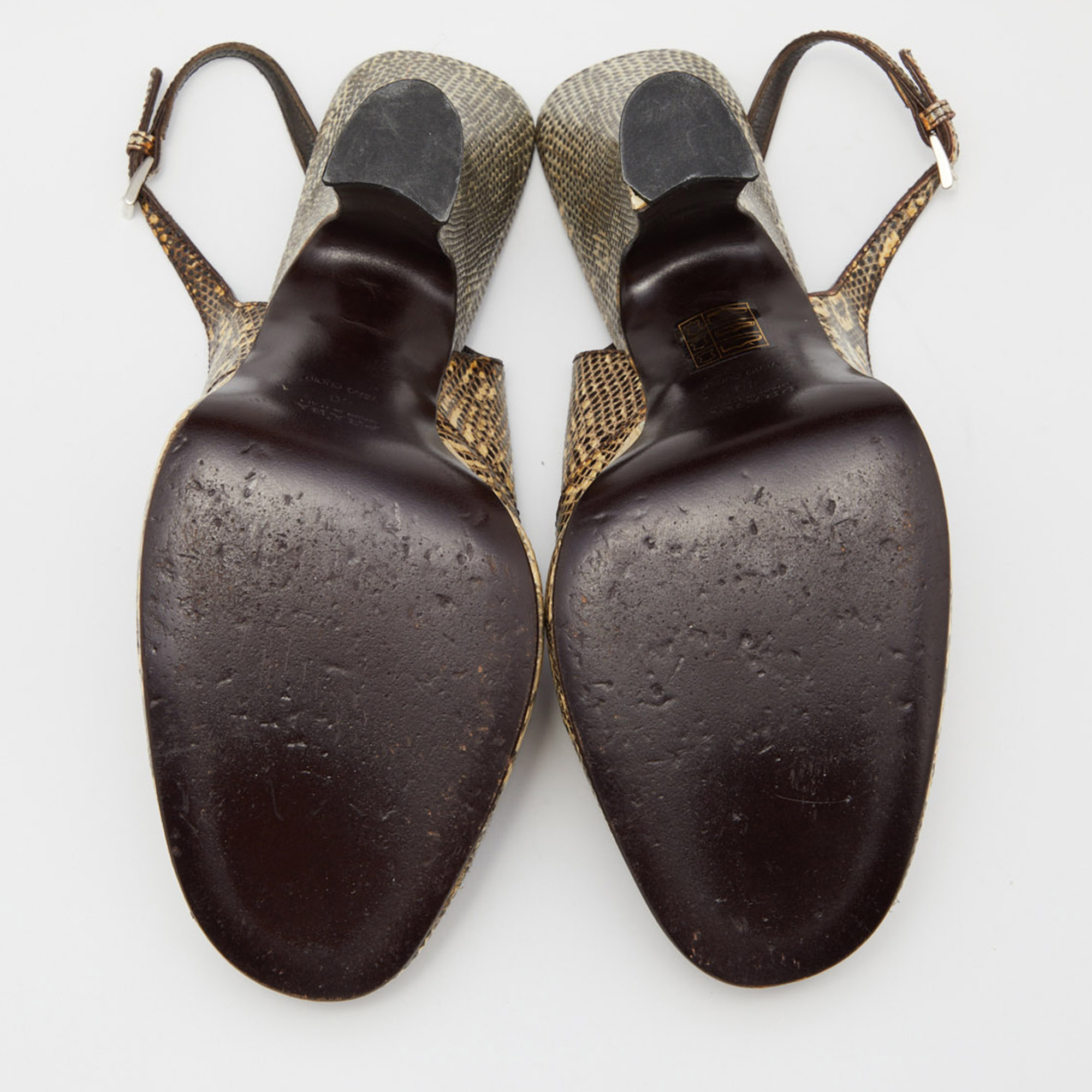 Prada Beige/Black Lizard Ankle Strap Peep Toe Sandals Size 40