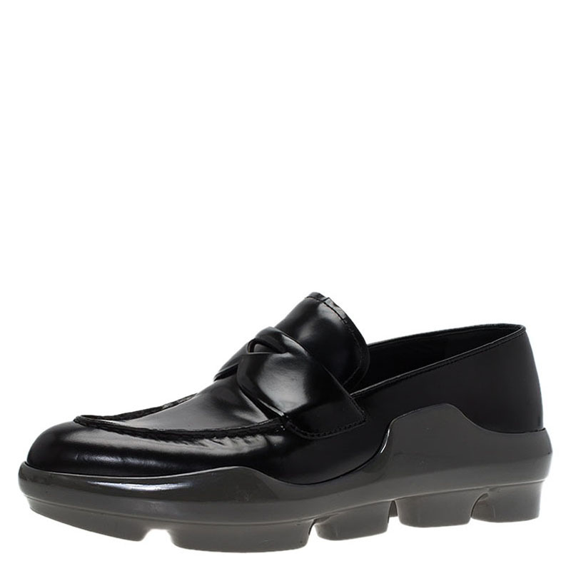 Image of Prada Black Leather Platform Penny Loafers Size