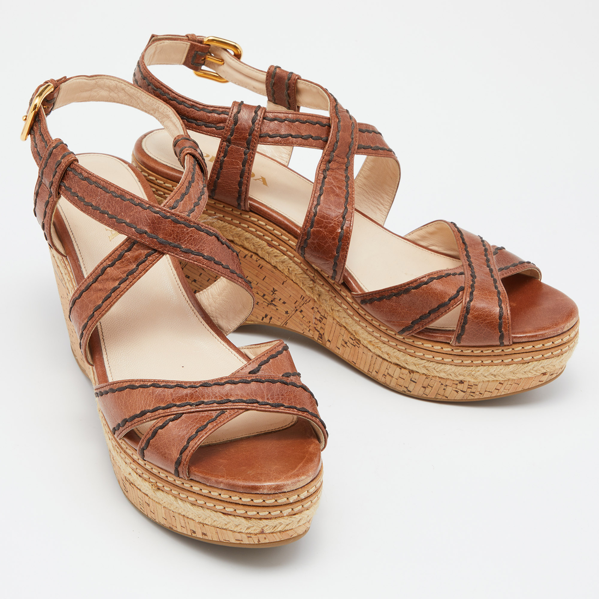 Prada Brown Leather Platform Ankle Strap Sandals Size 40