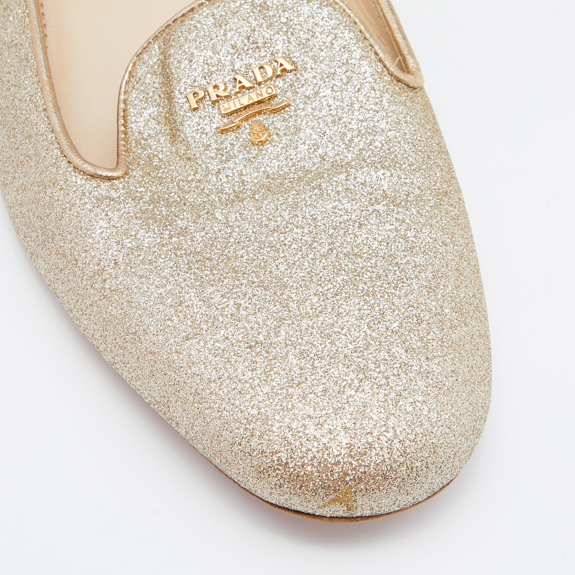 Prada Gold Glitter And Leather Smoking Slippers Size 40
