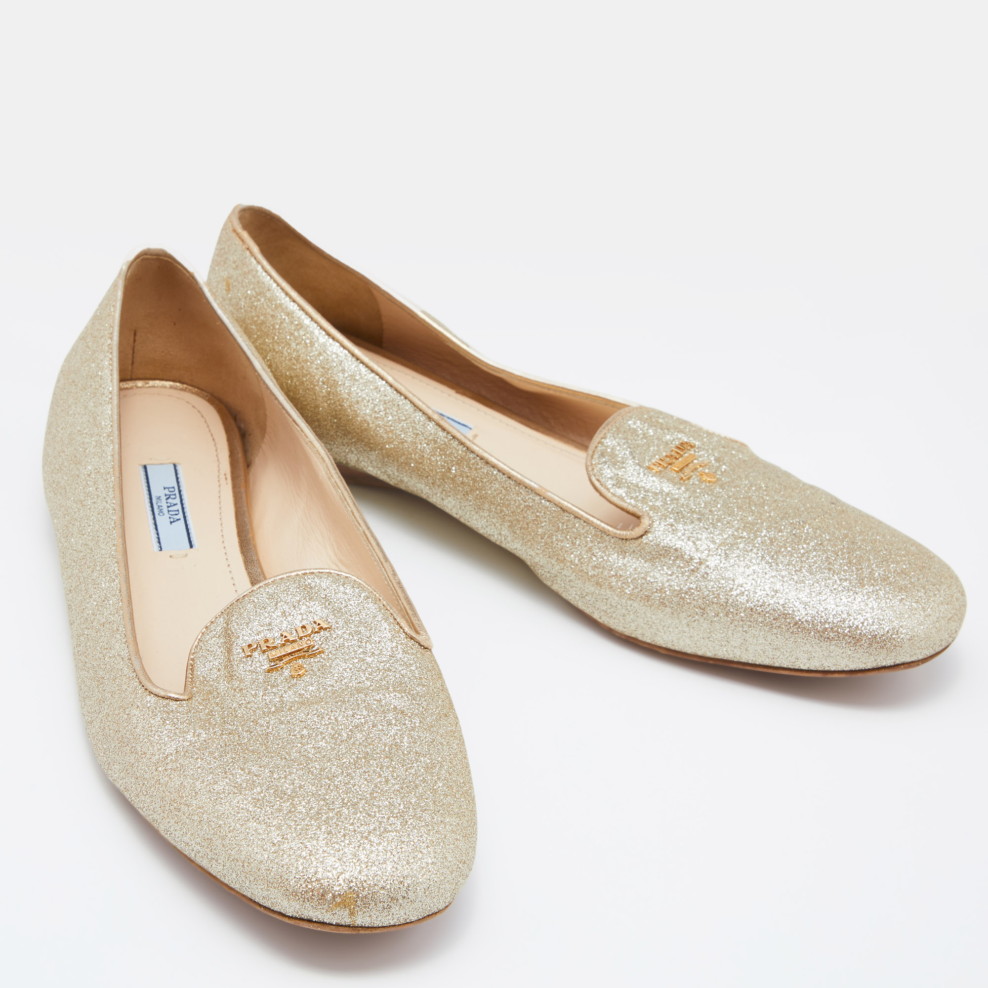 Prada Gold Glitter And Leather Smoking Slippers Size 40