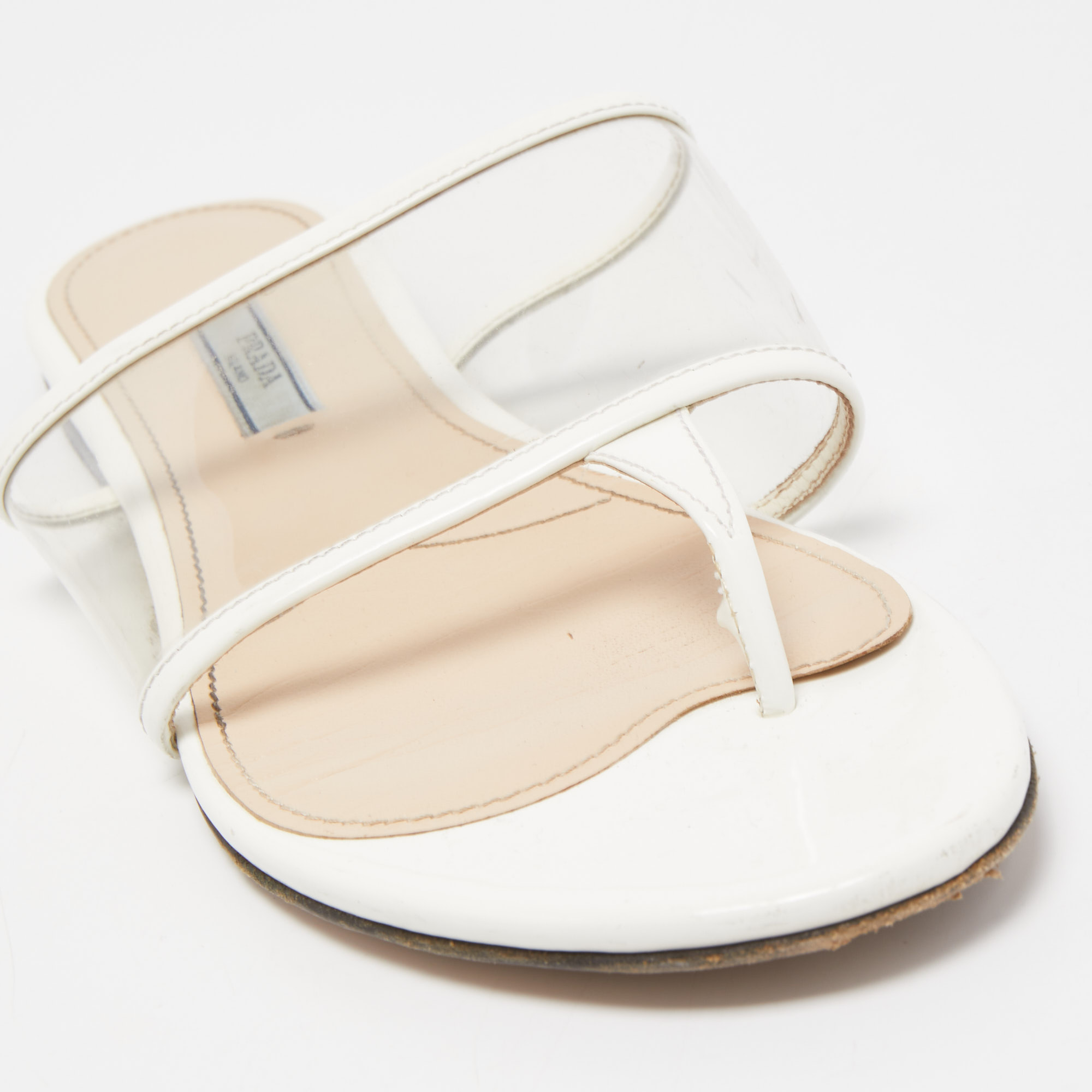Prada White Patent Leather And PVC Thong Flats Size 38.5