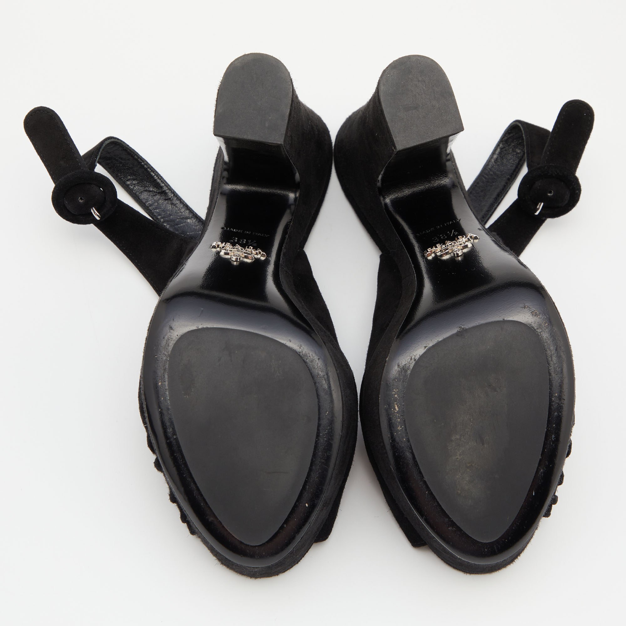 Prada Black Pleated Suede Peep Toe Platform Slingback Pumps Size 38.5
