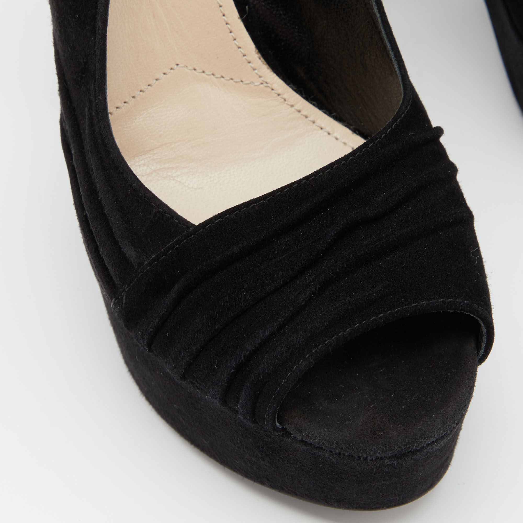 Prada Black Pleated Suede Peep Toe Platform Slingback Pumps Size 38.5