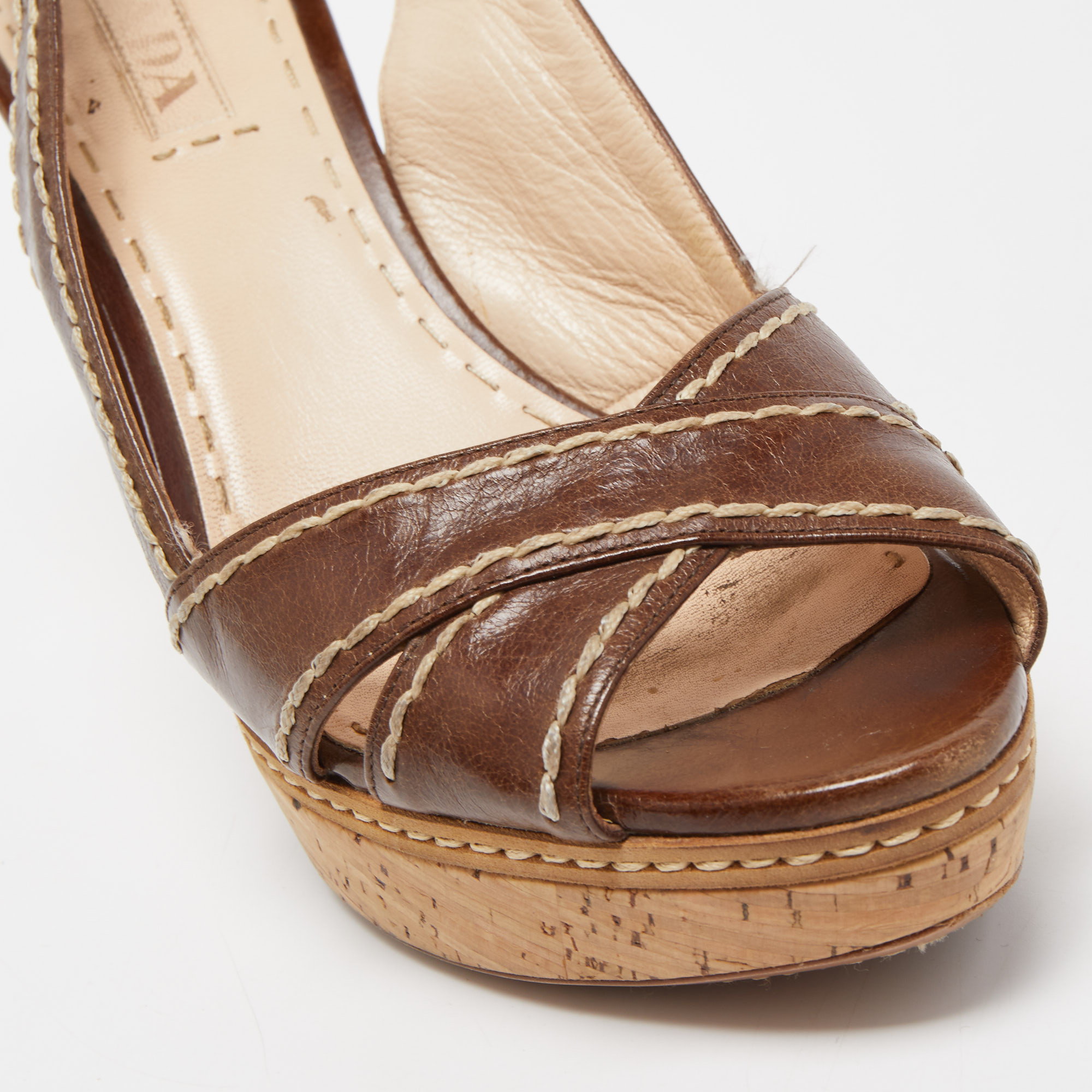 Prada Brown Leather Cross Strap Open Toe Cork Platform Slingback Sandals Size 40