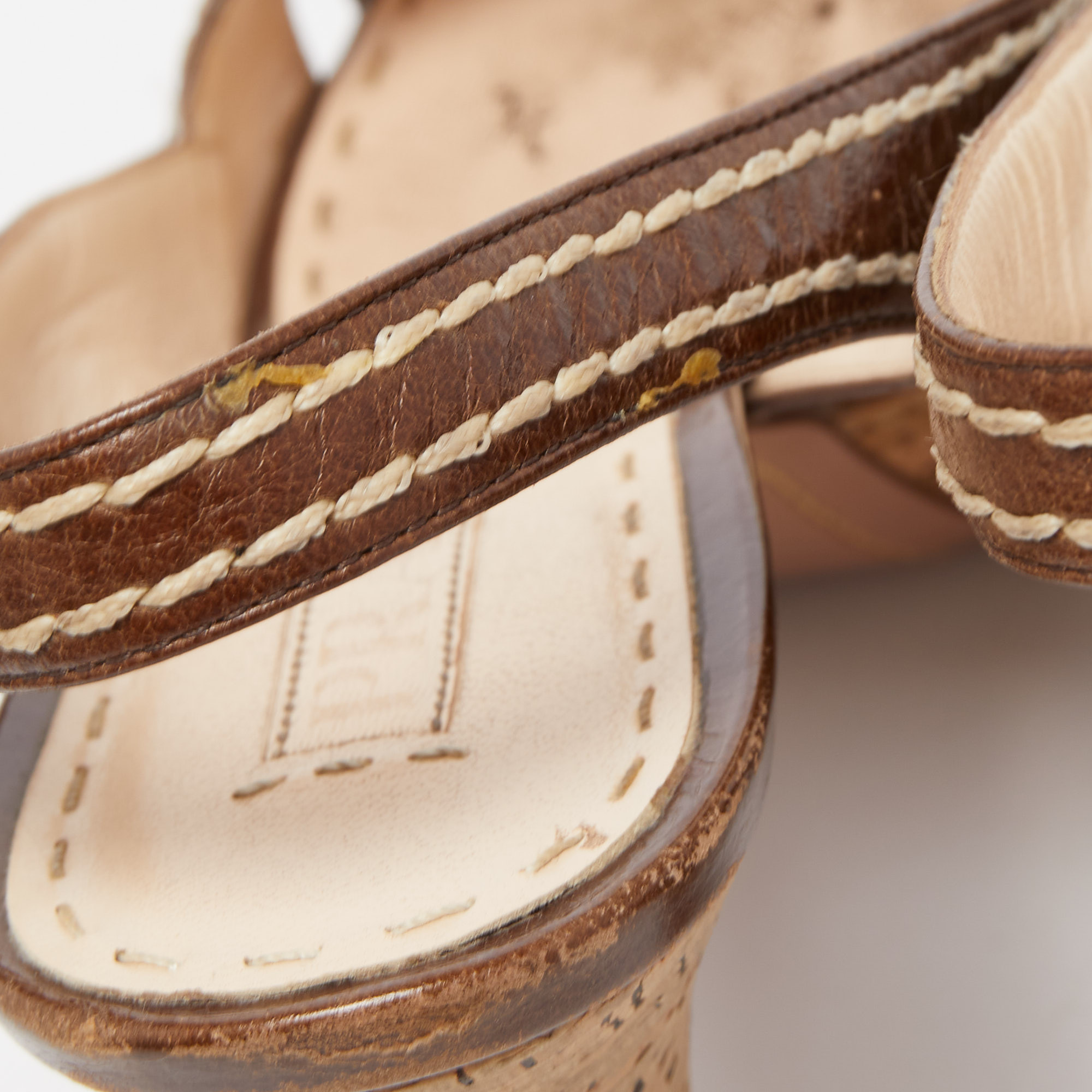 Prada Brown Leather Cross Strap Open Toe Cork Platform Slingback Sandals Size 40